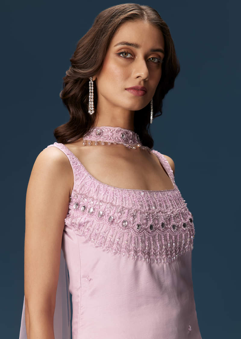 Lilac Sharara Suit With Choker And Ruched Sharara - Image 4