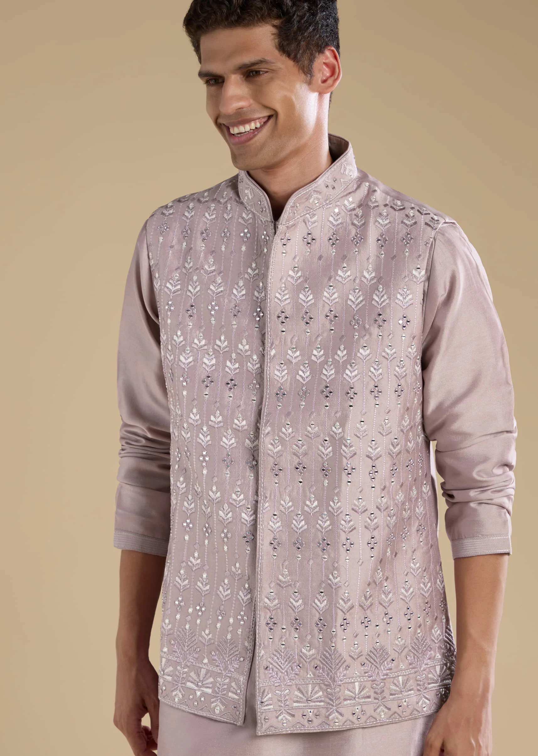 Lilac Silk Jacket Kurta Set with Mirror Embellishments - Image 2