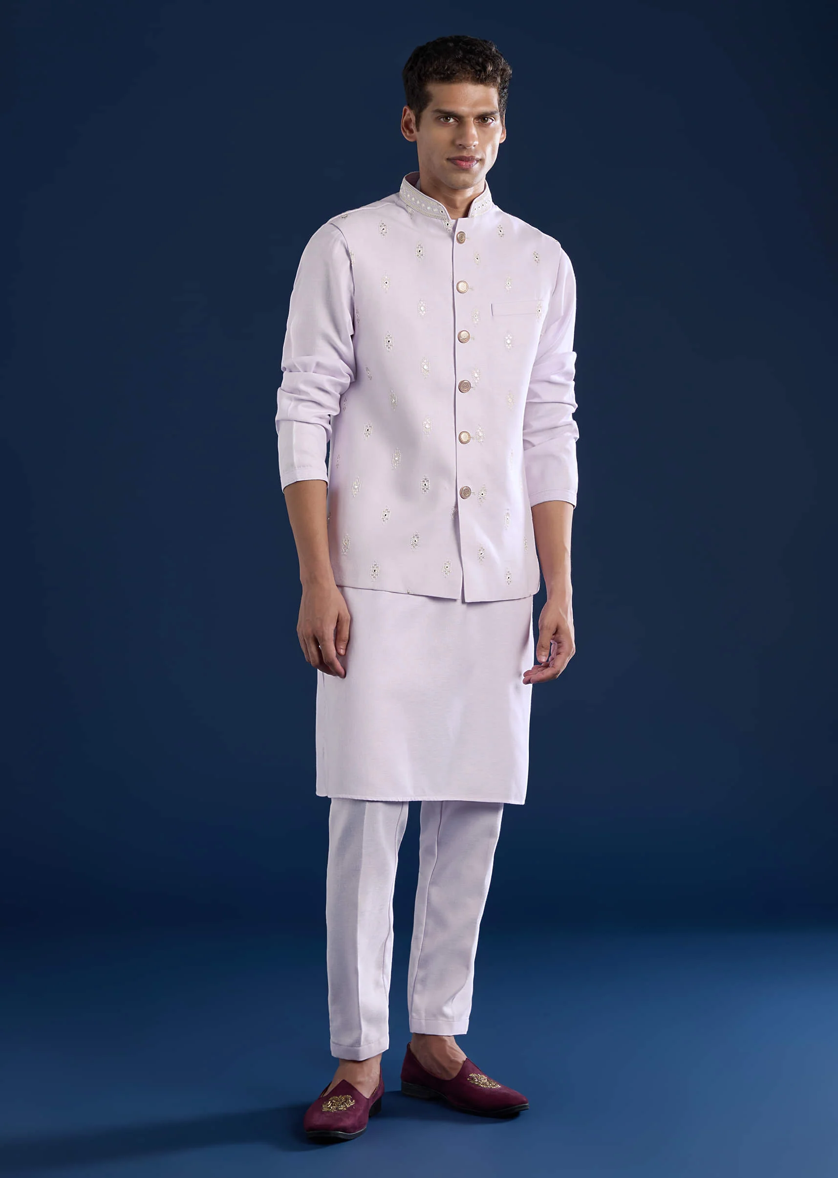 Lilac Silk Jacket Kurta Set with Sequin Embroidery - Image 2