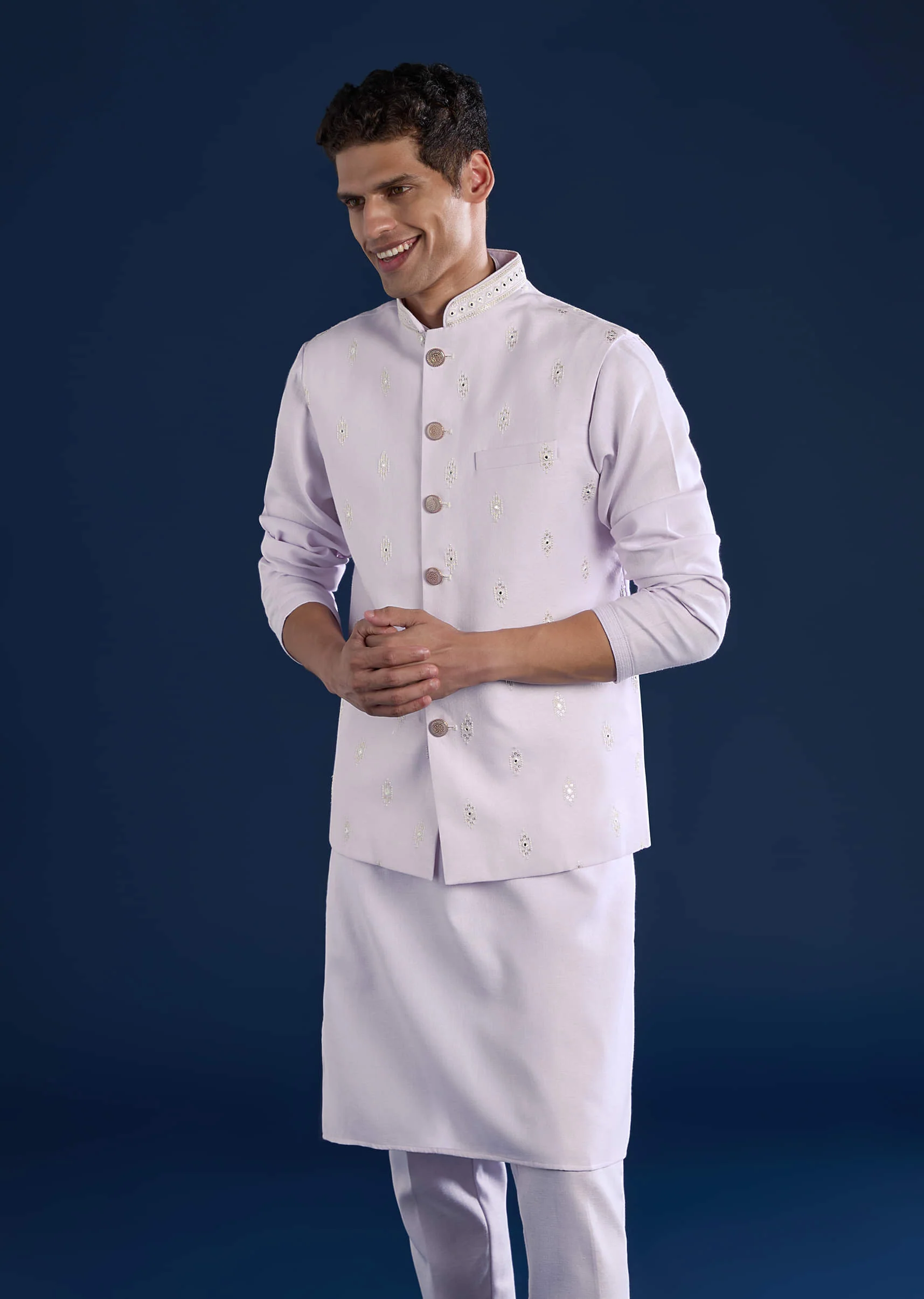 Lilac Silk Jacket Kurta Set with Sequin Embroidery - Image 3