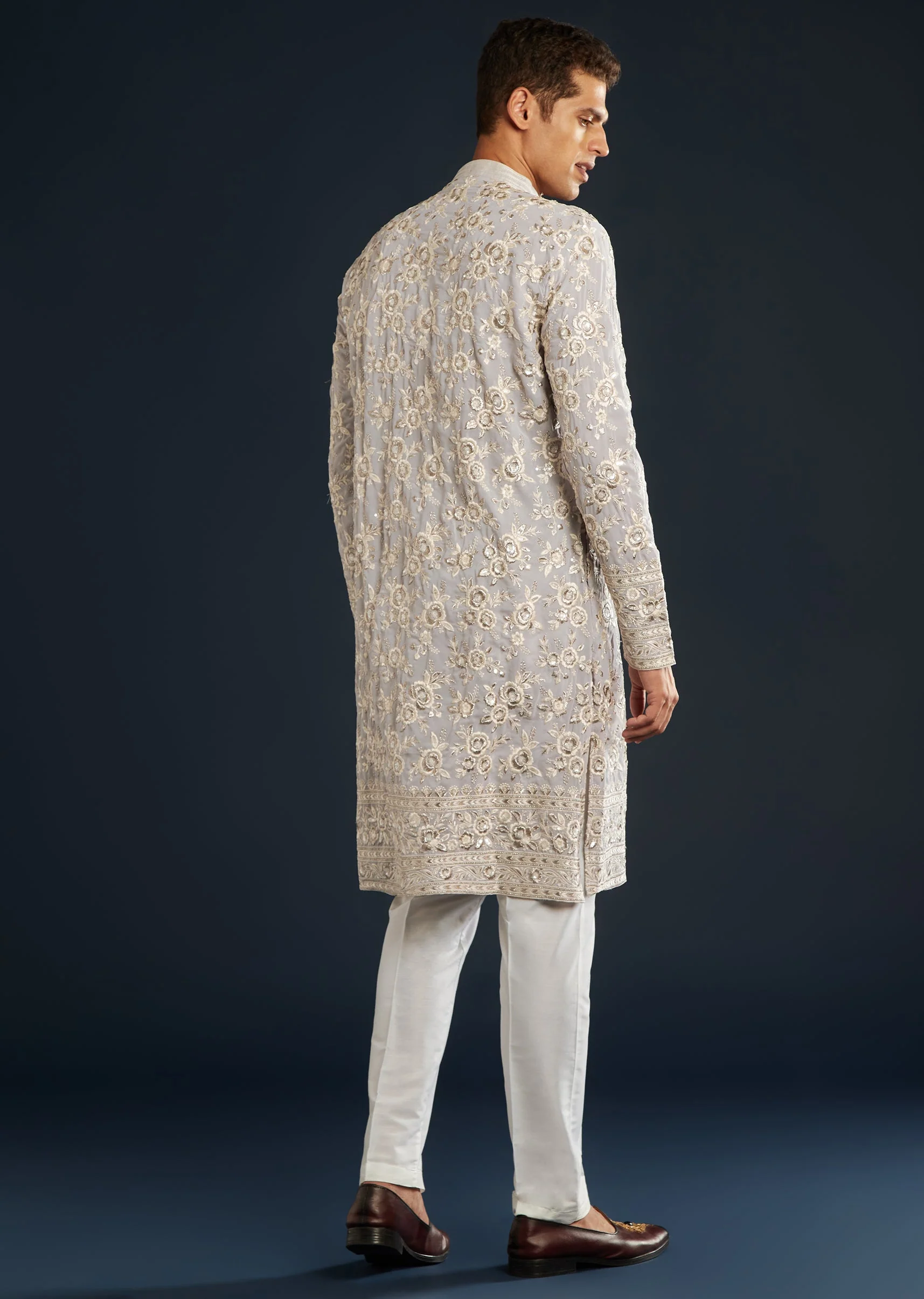 Lilac Silk Mens Kurta Set with Resham Sequin Work - Image 5