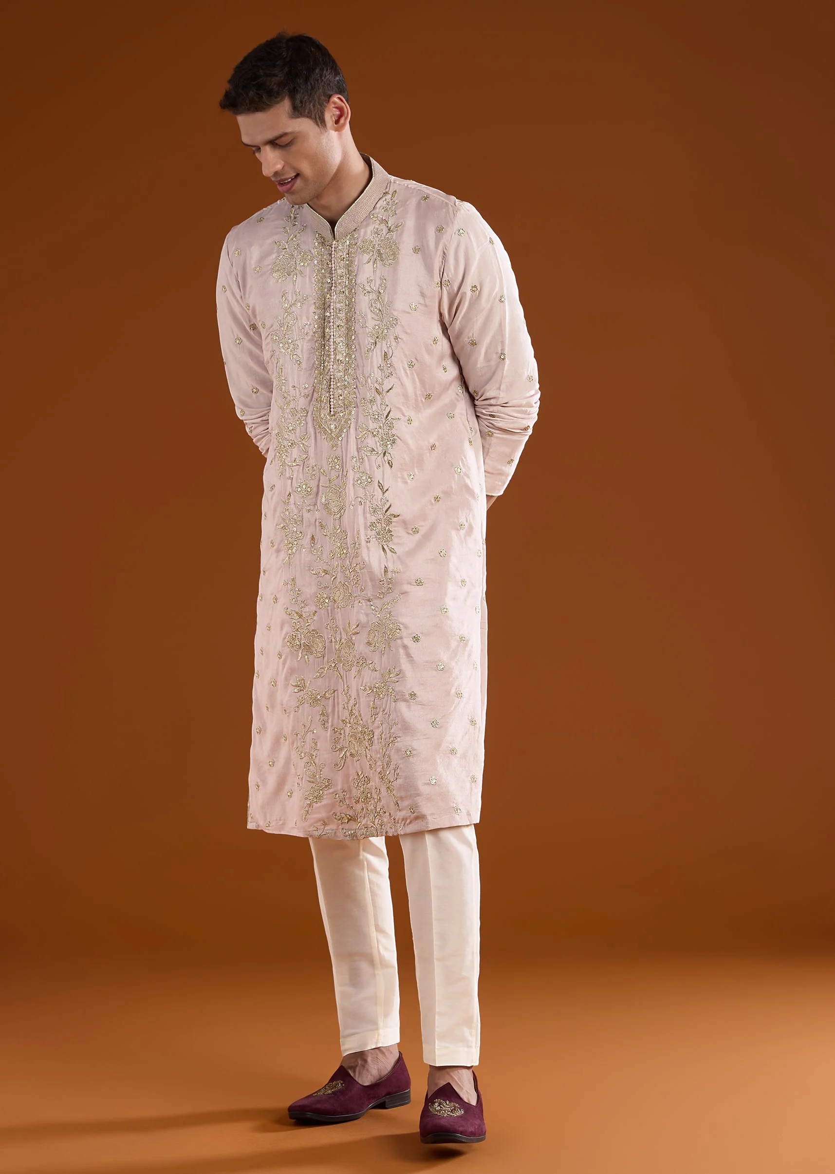 Lilac Silk Mens Kurta Set With Thread Sequins And Zardosi Work - Image 3