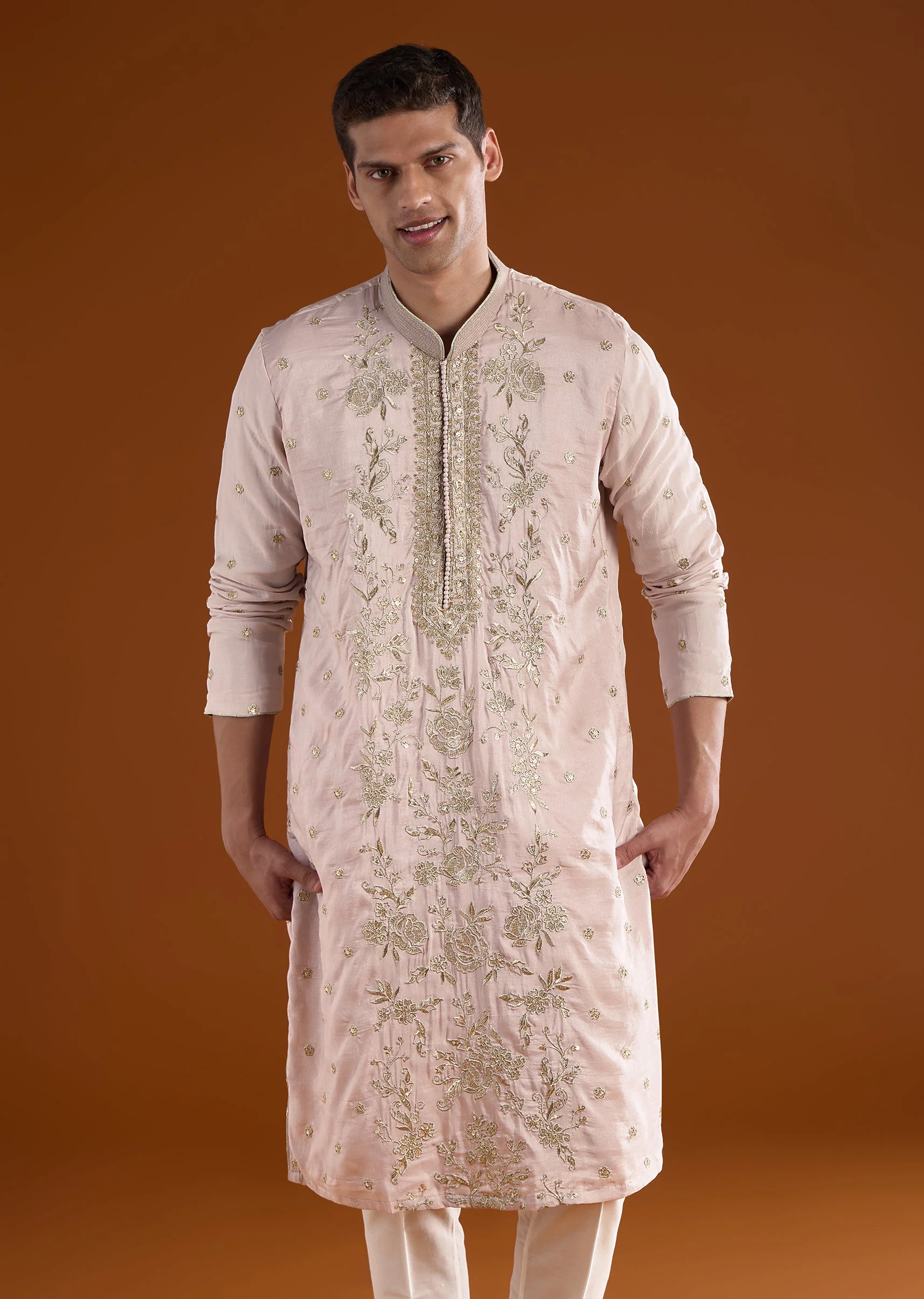 Lilac Silk Mens Kurta Set With Thread Sequins And Zardosi Work - Image 4