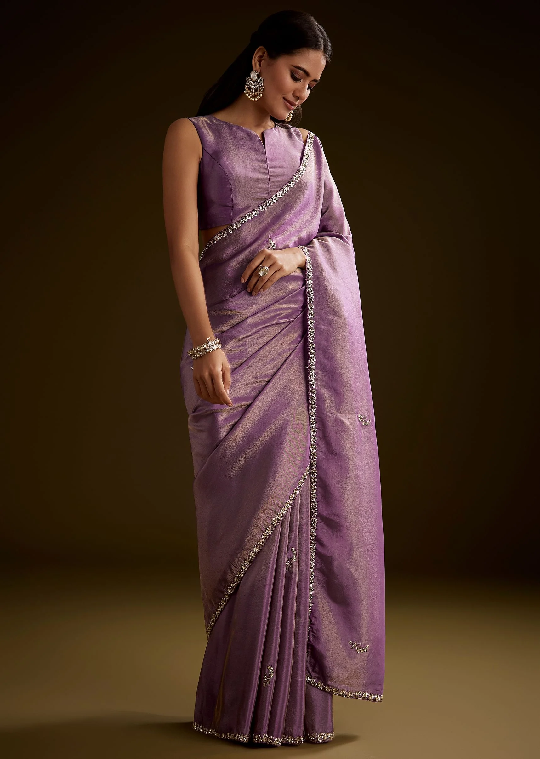 Lilac Tissue Saree With Cutdana Embroidery And Scallop Border - Image 4