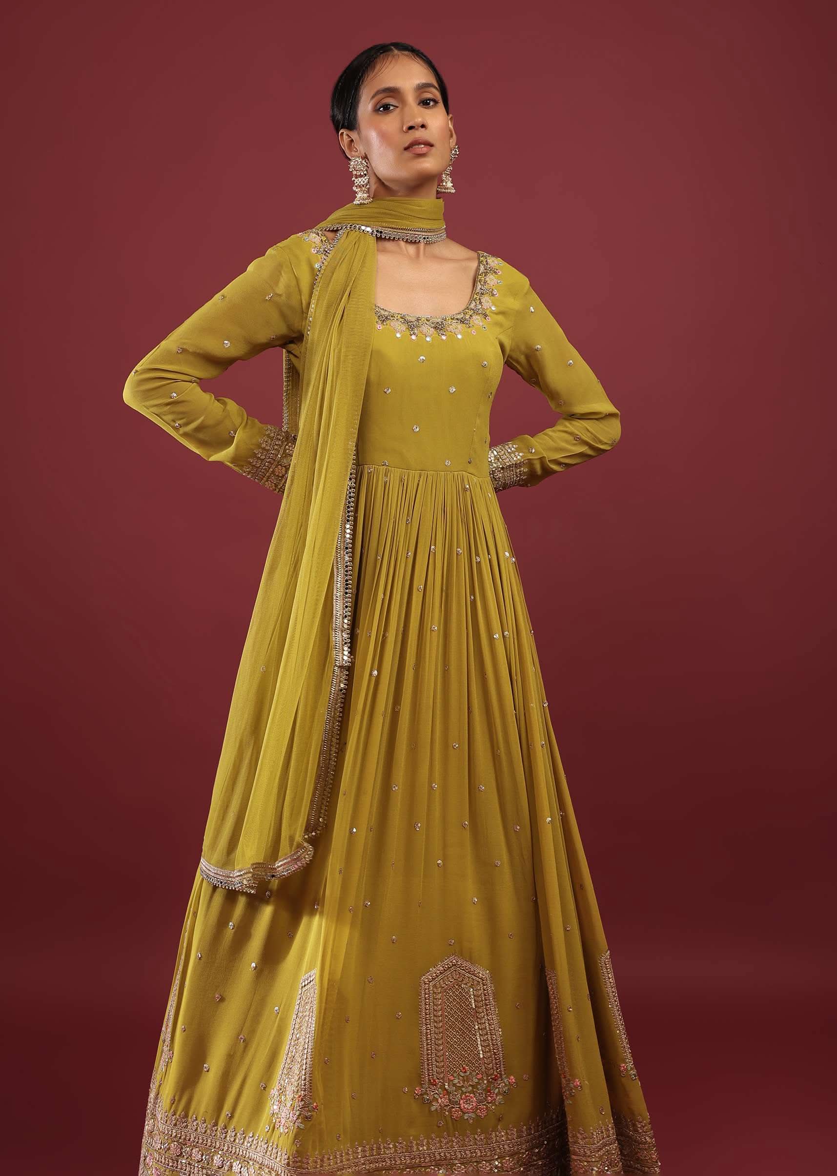 Lime Green Anarkali Suit In Georgette With Multicolored Resham And Zari Embroidered Mughal Design - Image 5