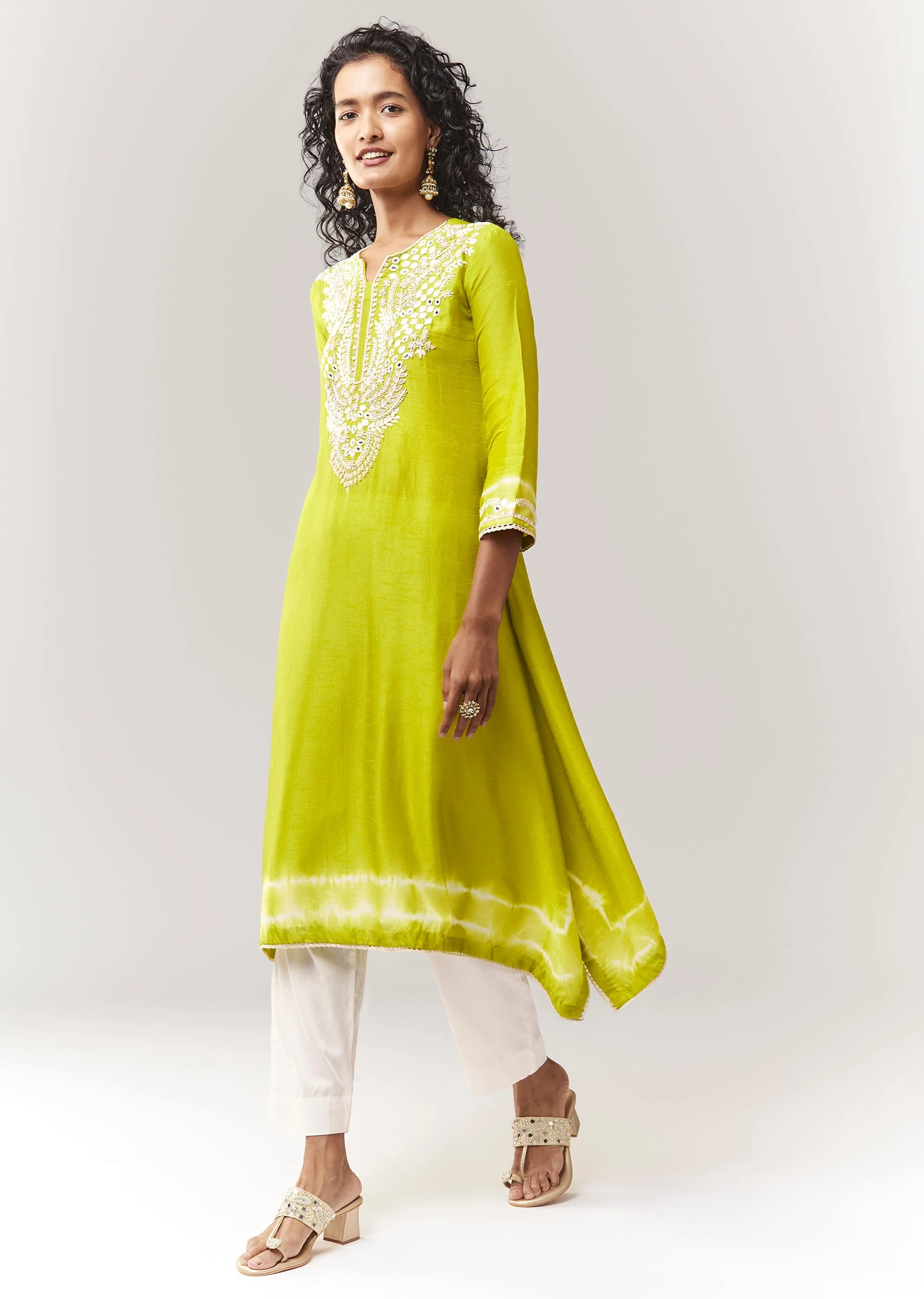 Lime Green Asymmetric A line Kurta Coord With Mirror And Sequin Work - Image 3