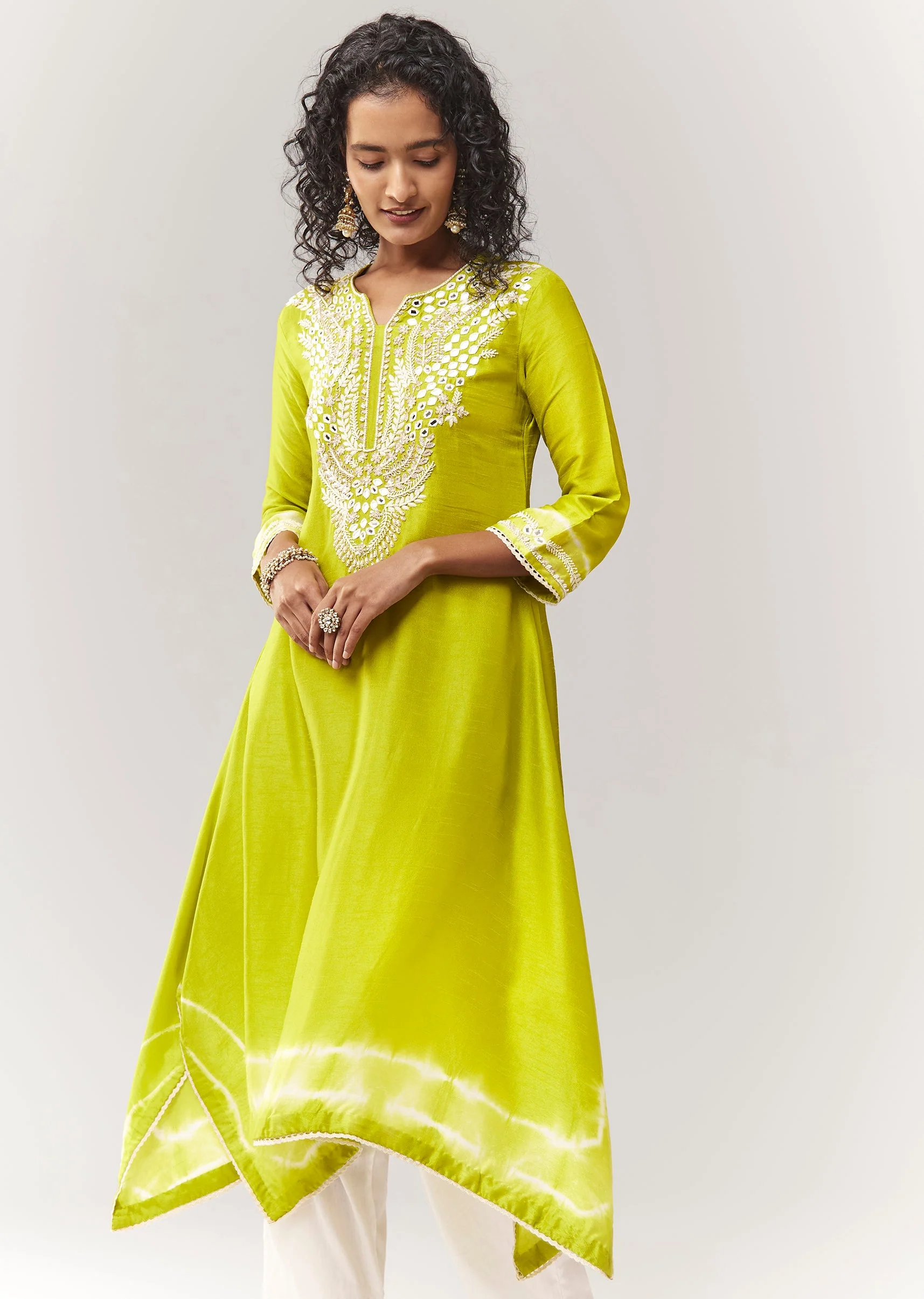 Lime Green Asymmetric A line Kurta Coord With Mirror And Sequin Work - Image 4
