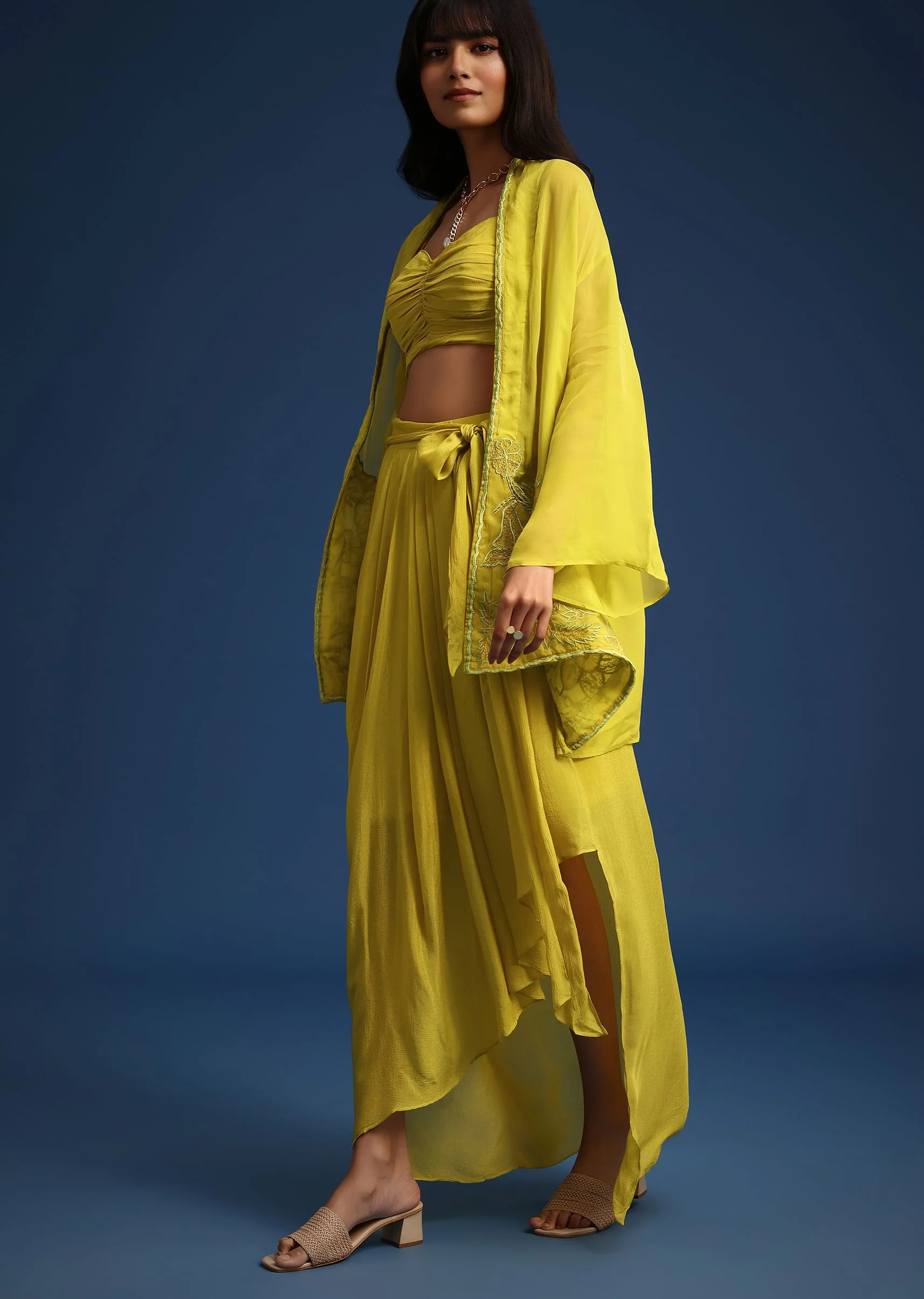 Lime Green Asymmetrical Skirt And Jacket Set - Image 3