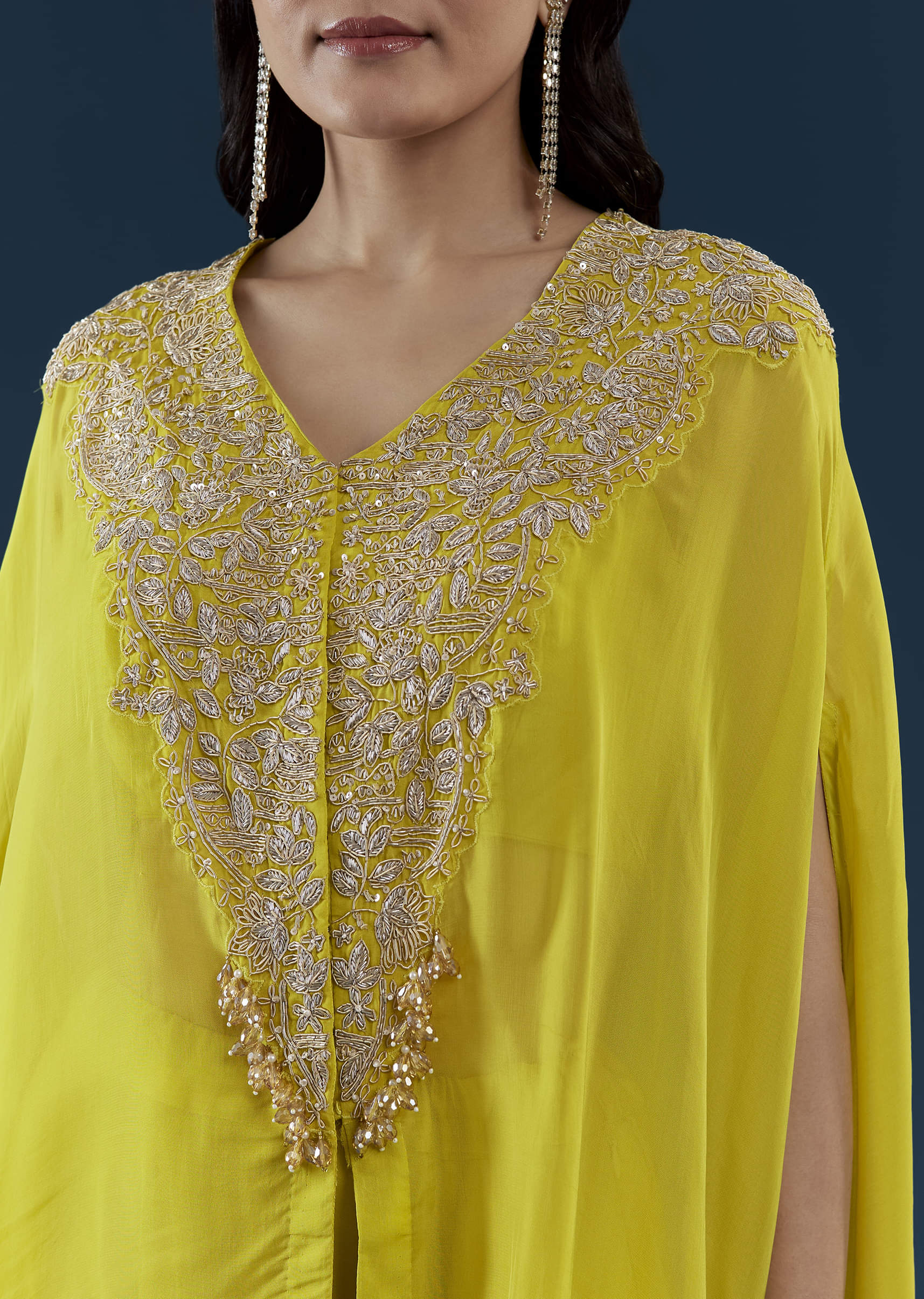Lime Green Cape Top and Palazzo Set with Zardozi Work - Image 2