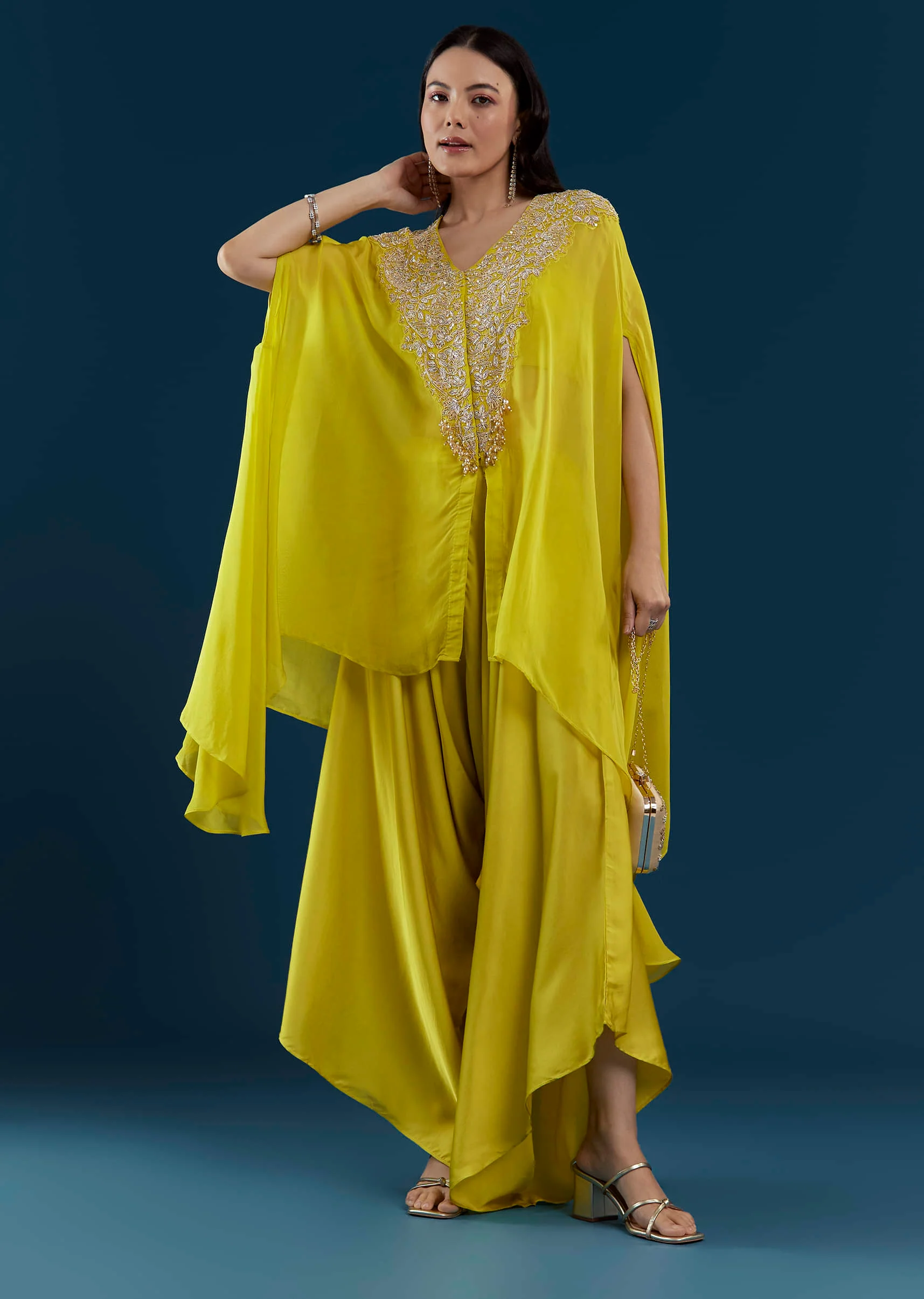 Lime Green Cape Top and Palazzo Set with Zardozi Work - Image 3