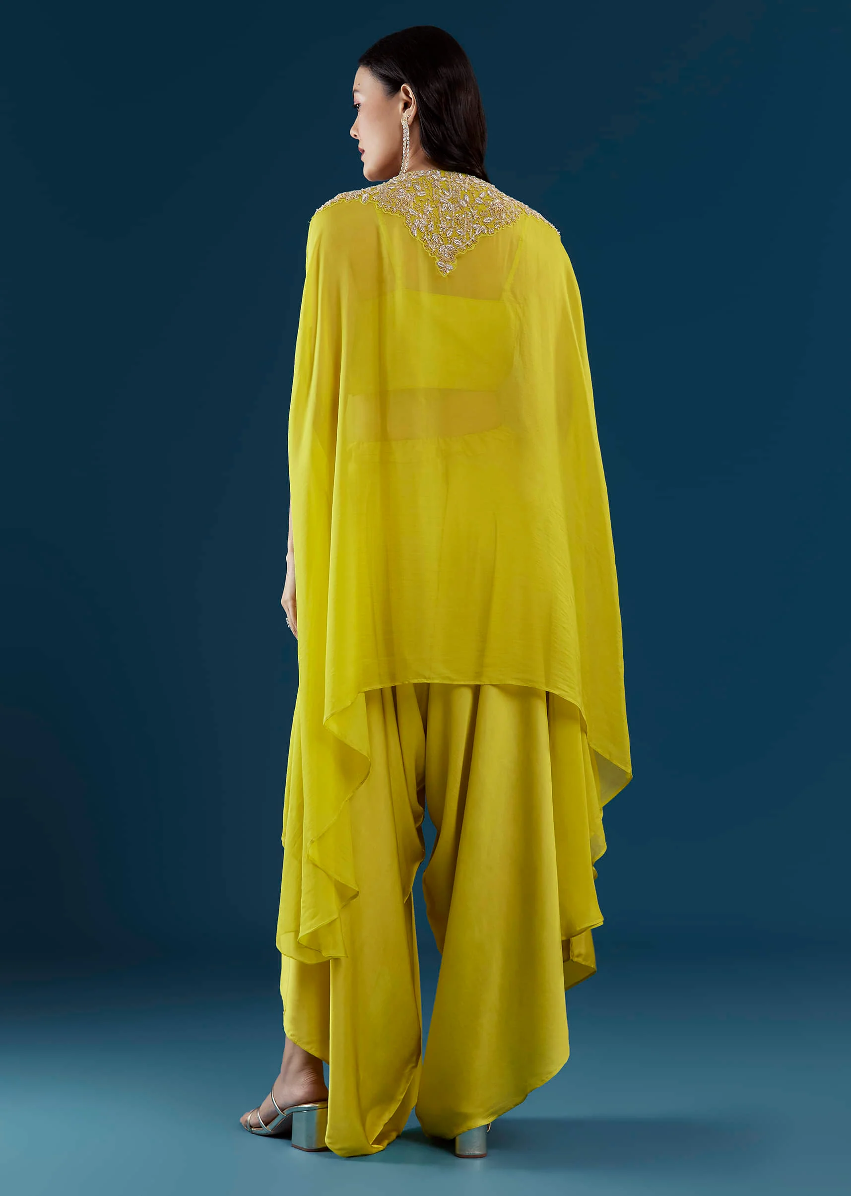 Lime Green Cape Top and Palazzo Set with Zardozi Work - Image 5