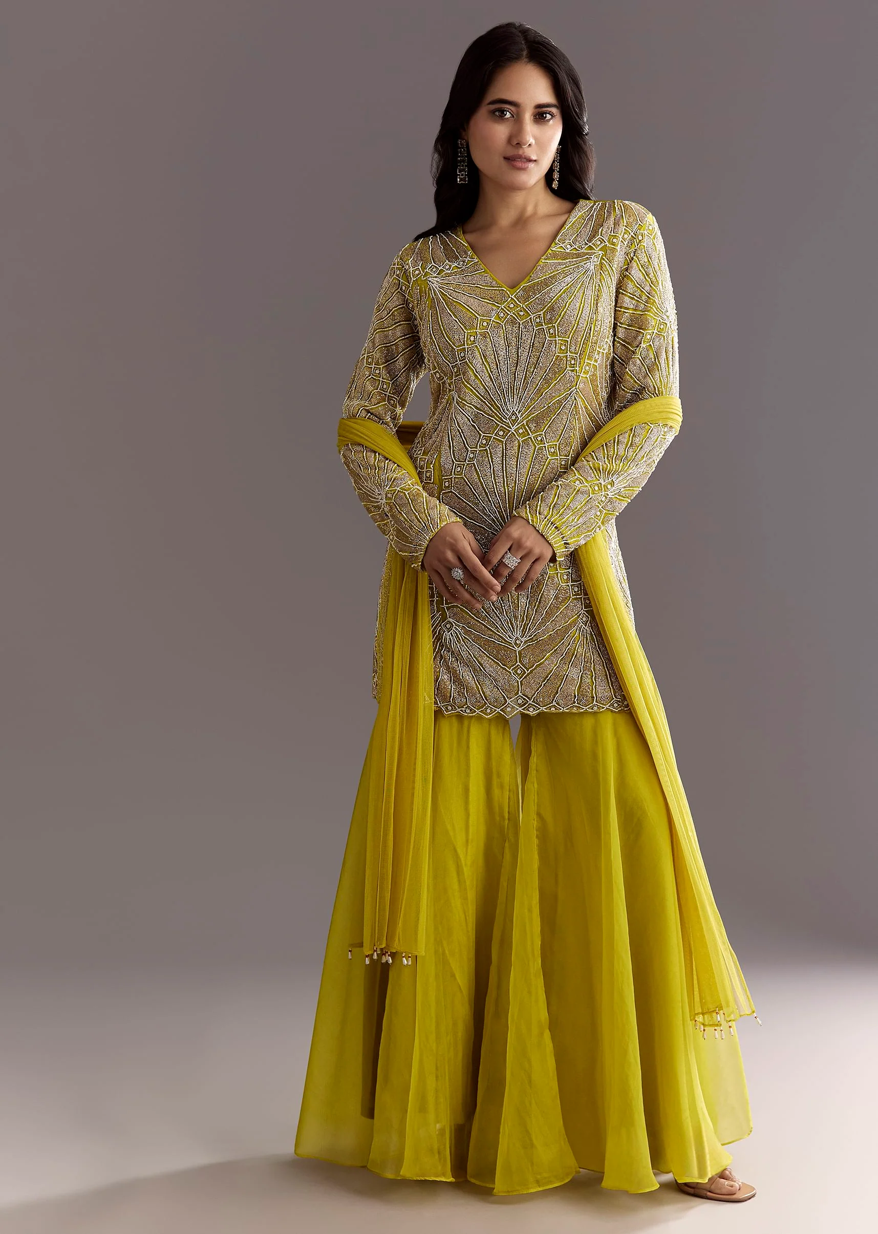 Lime Green Cutdana And Moti Work Kurta With Organza Sharara - Image 3