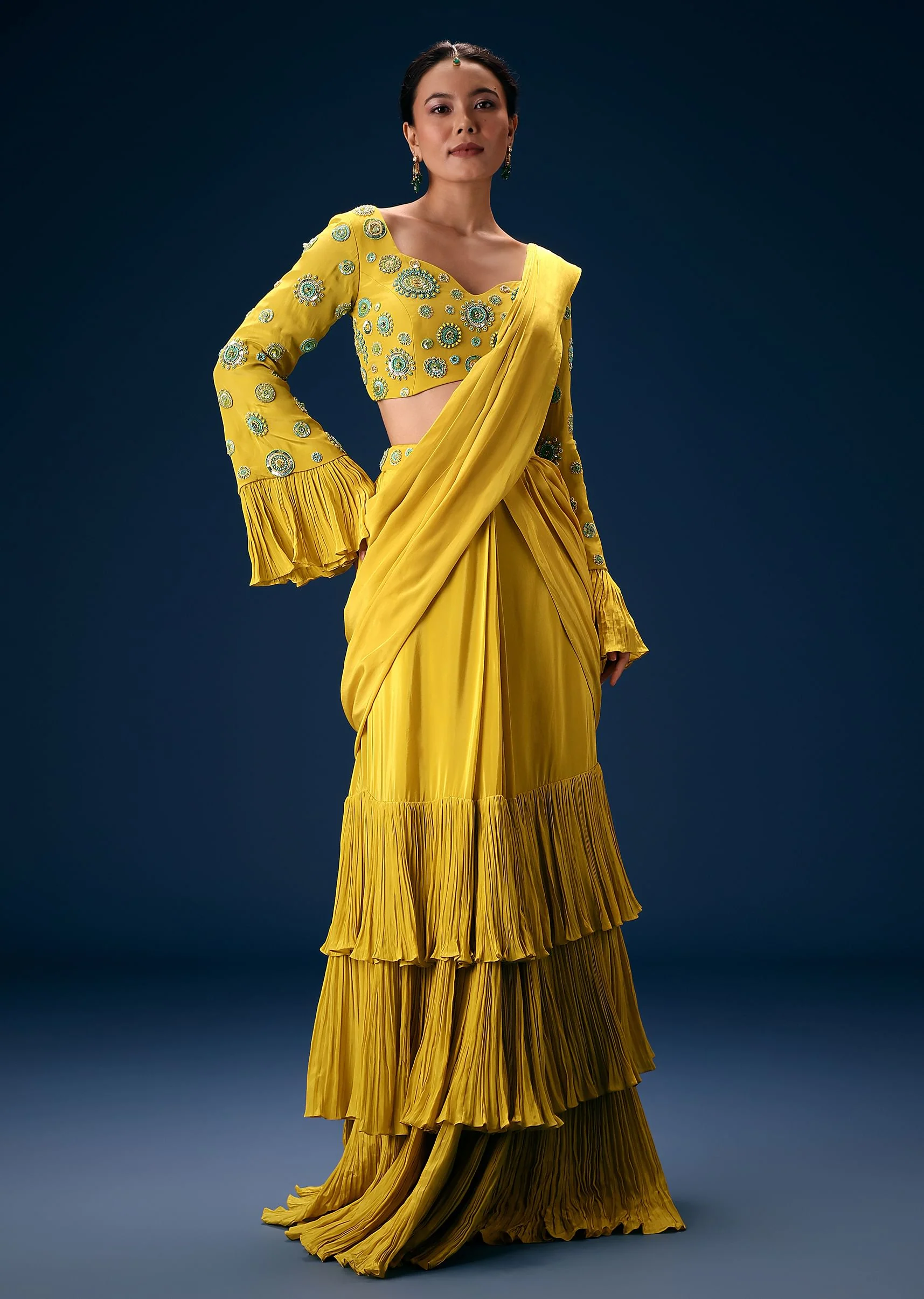 Lime Green Embroidered Blouse With Pre Stitched Saree - Image 3