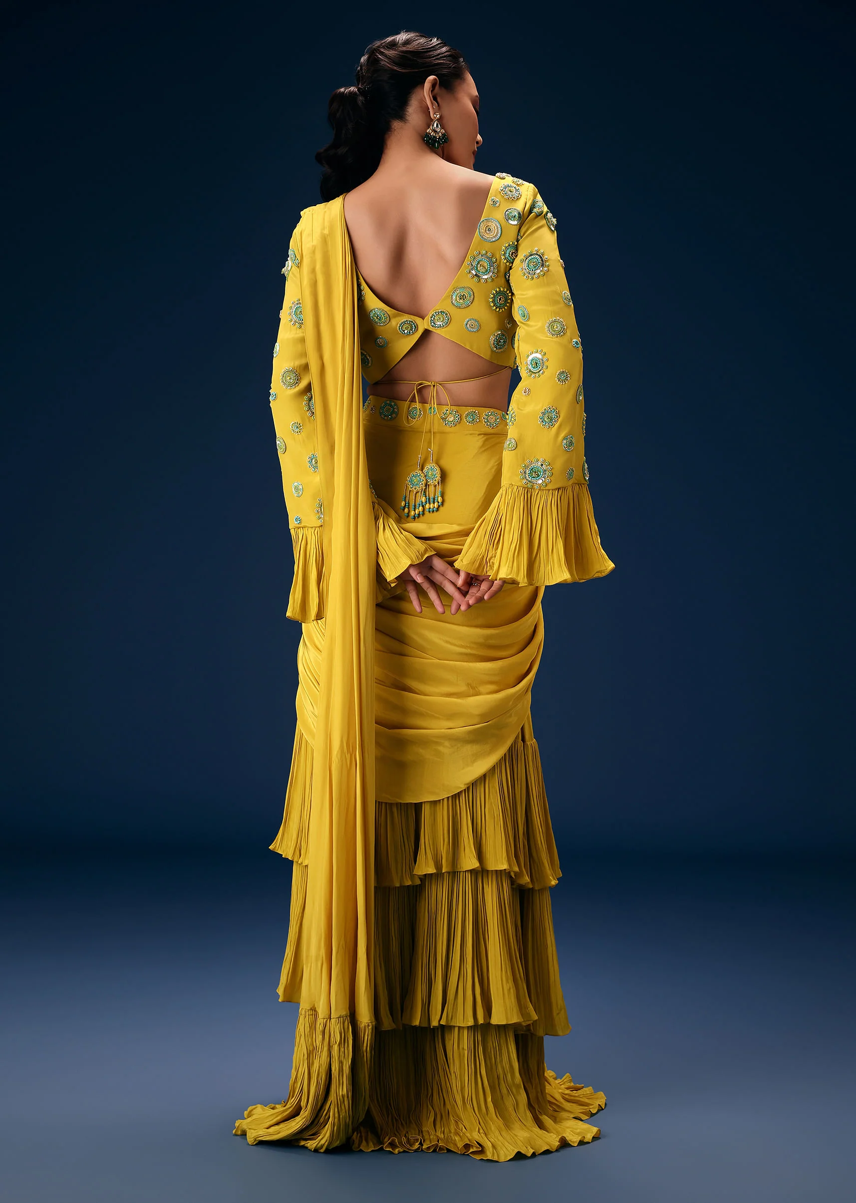 Lime Green Embroidered Blouse With Pre Stitched Saree - Image 5