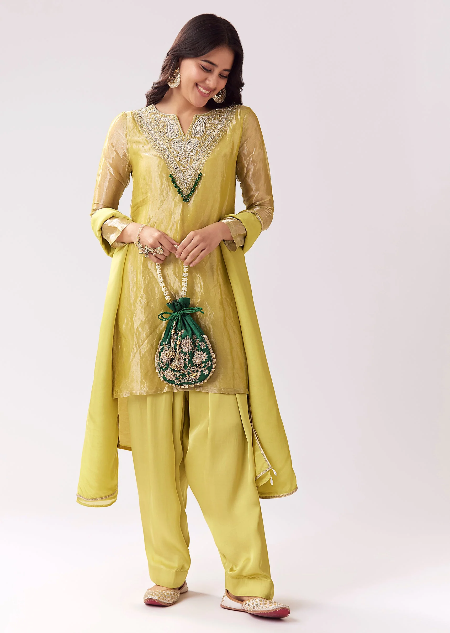 Lime Green Patiala Suit With Zardozi Sparkle - Image 3