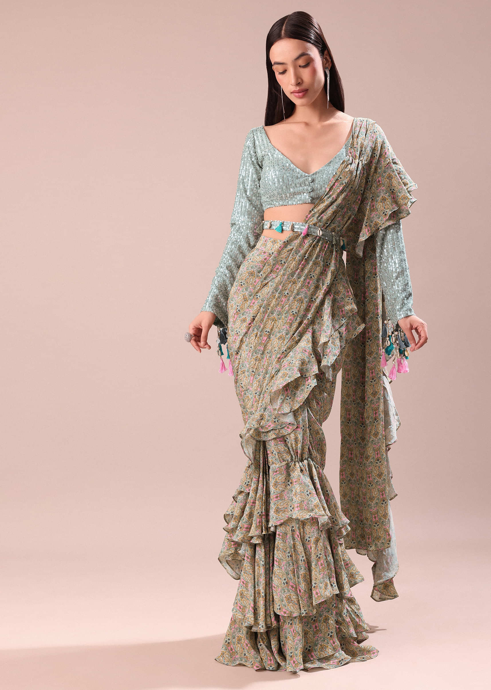 Lime Green Printed Frill Saree With Embroidered Blouse - Image 3