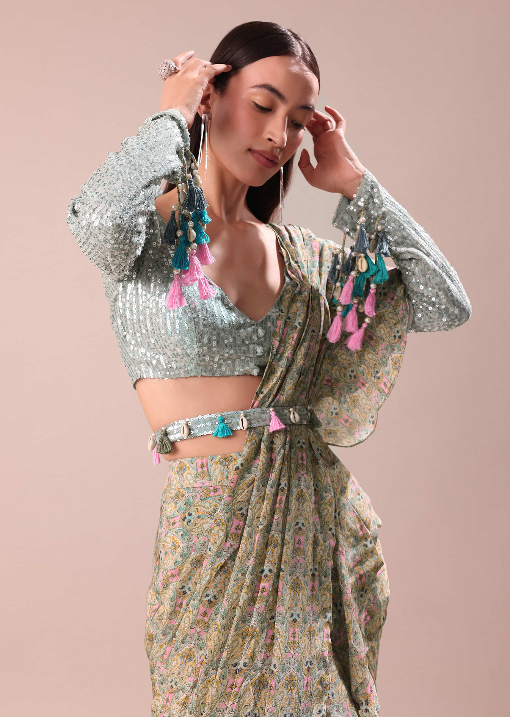 Lime Green Printed Frill Saree With Embroidered Blouse - Image 4
