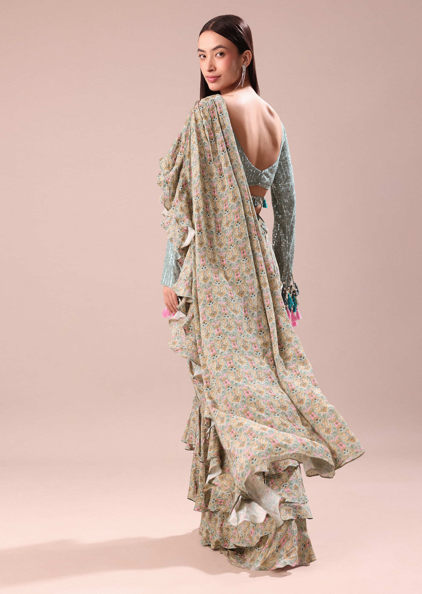 Lime Green Printed Frill Saree With Embroidered Blouse - Image 5