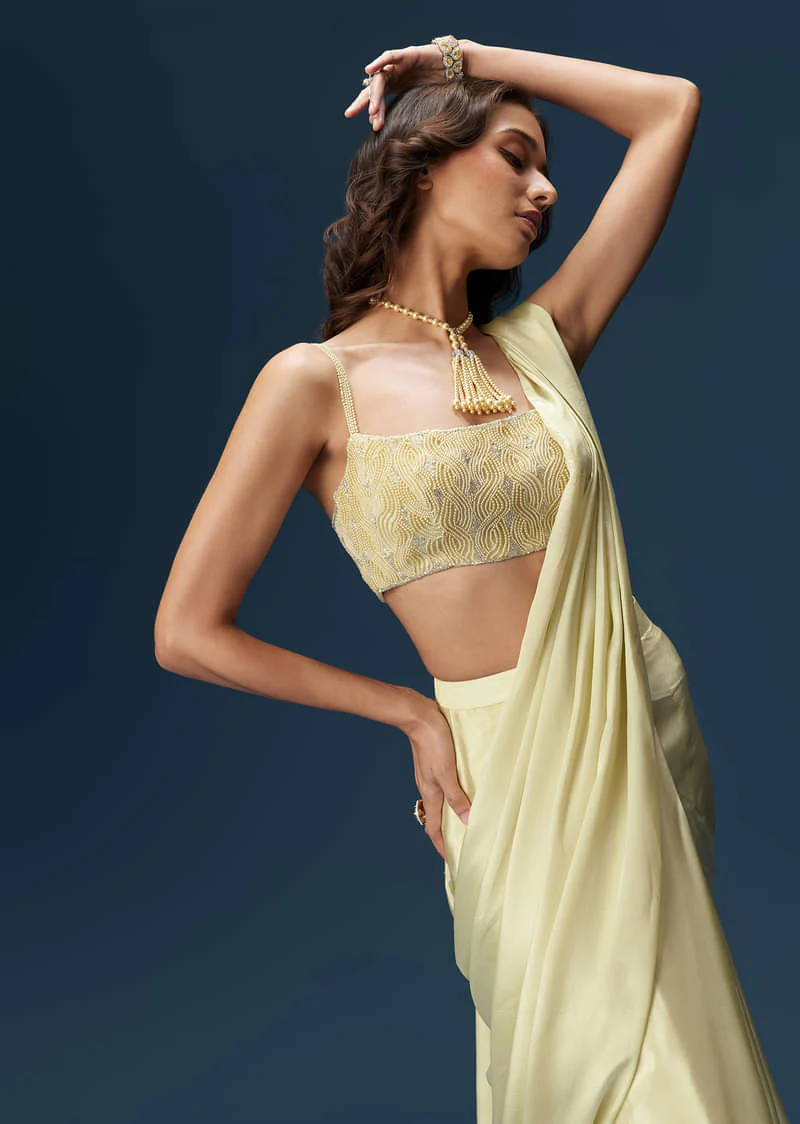 Lime Green Ready Pleated Saree With Belt And Blouse - Image 3