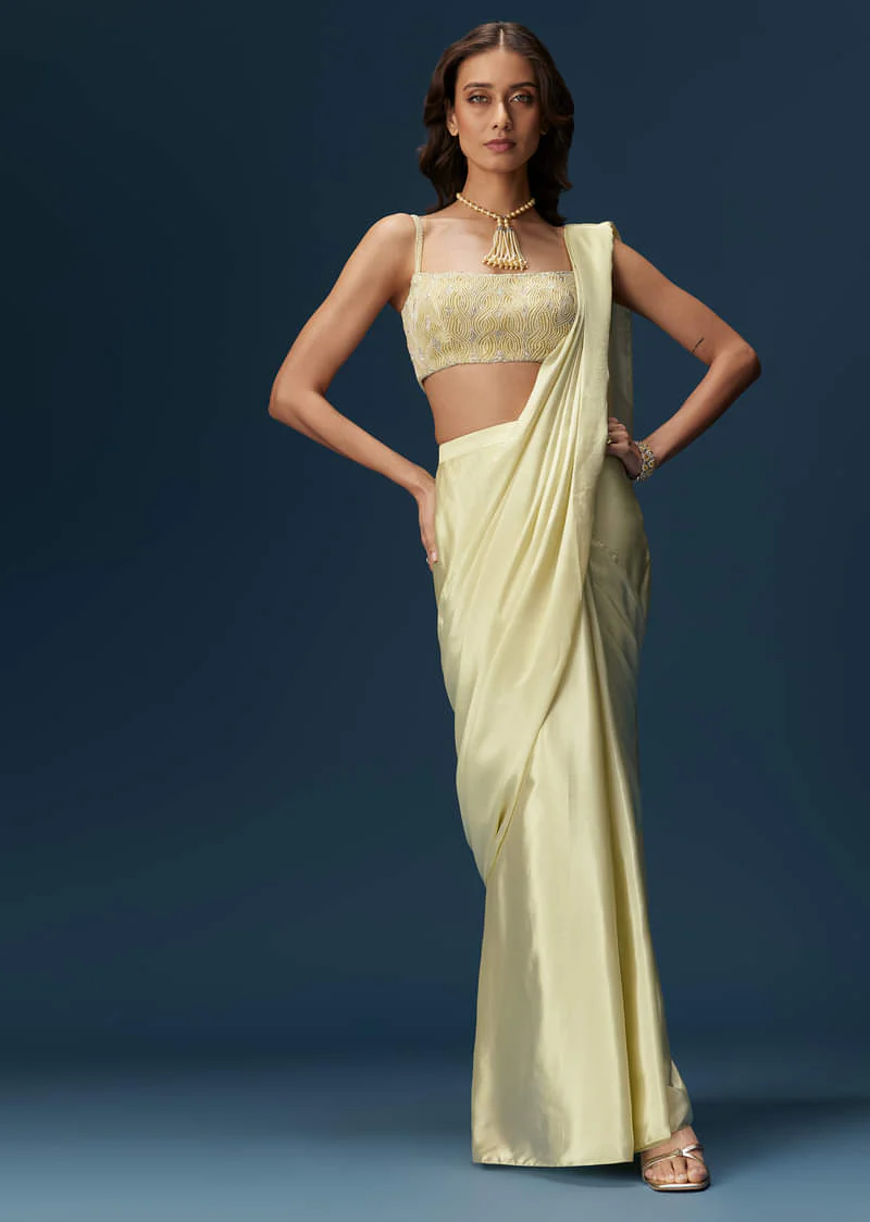 Lime Green Ready Pleated Saree With Belt And Blouse - Image 5