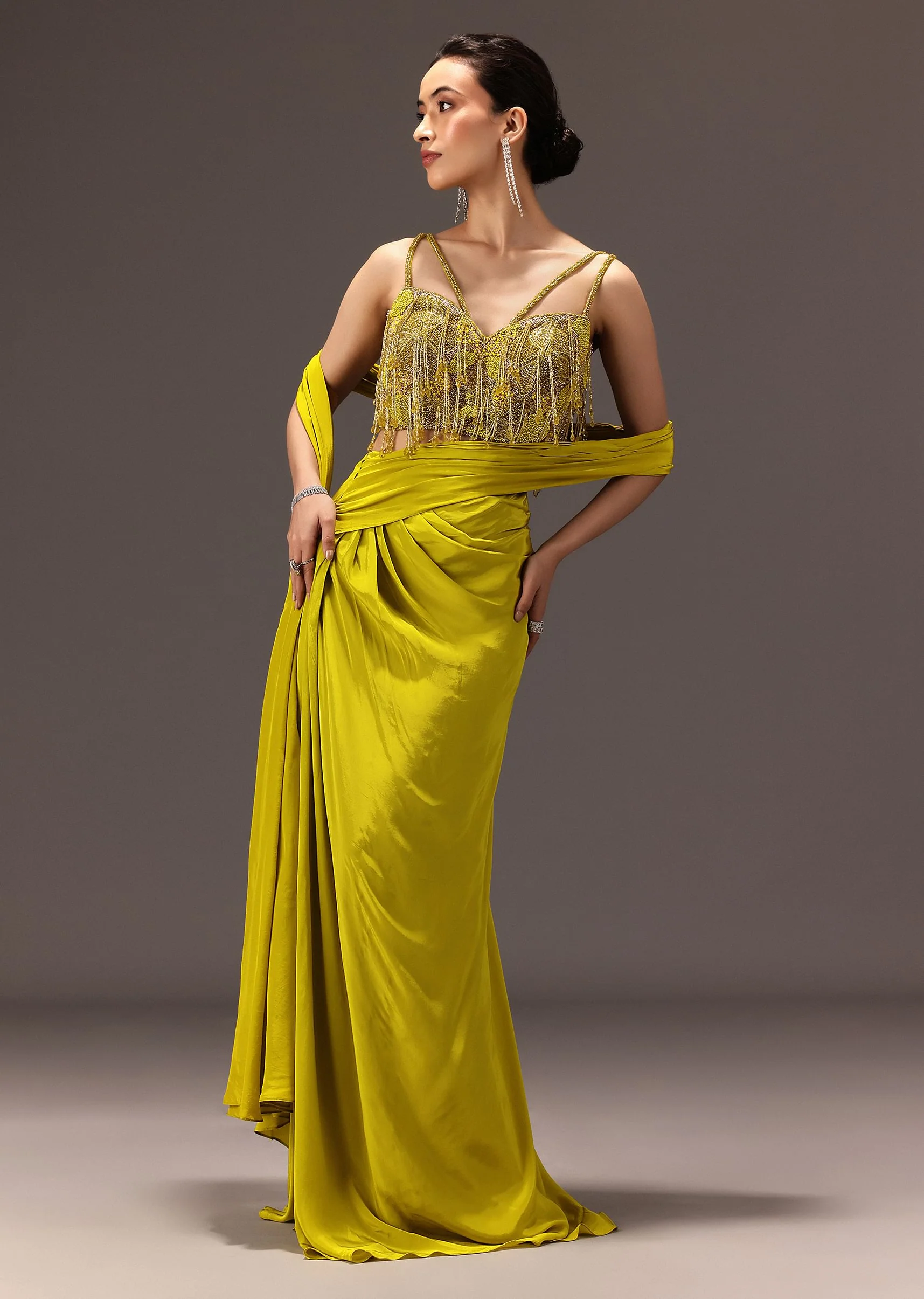 Lime Green Semi Stitched Net Saree With Embroidered Blouse - Image 5