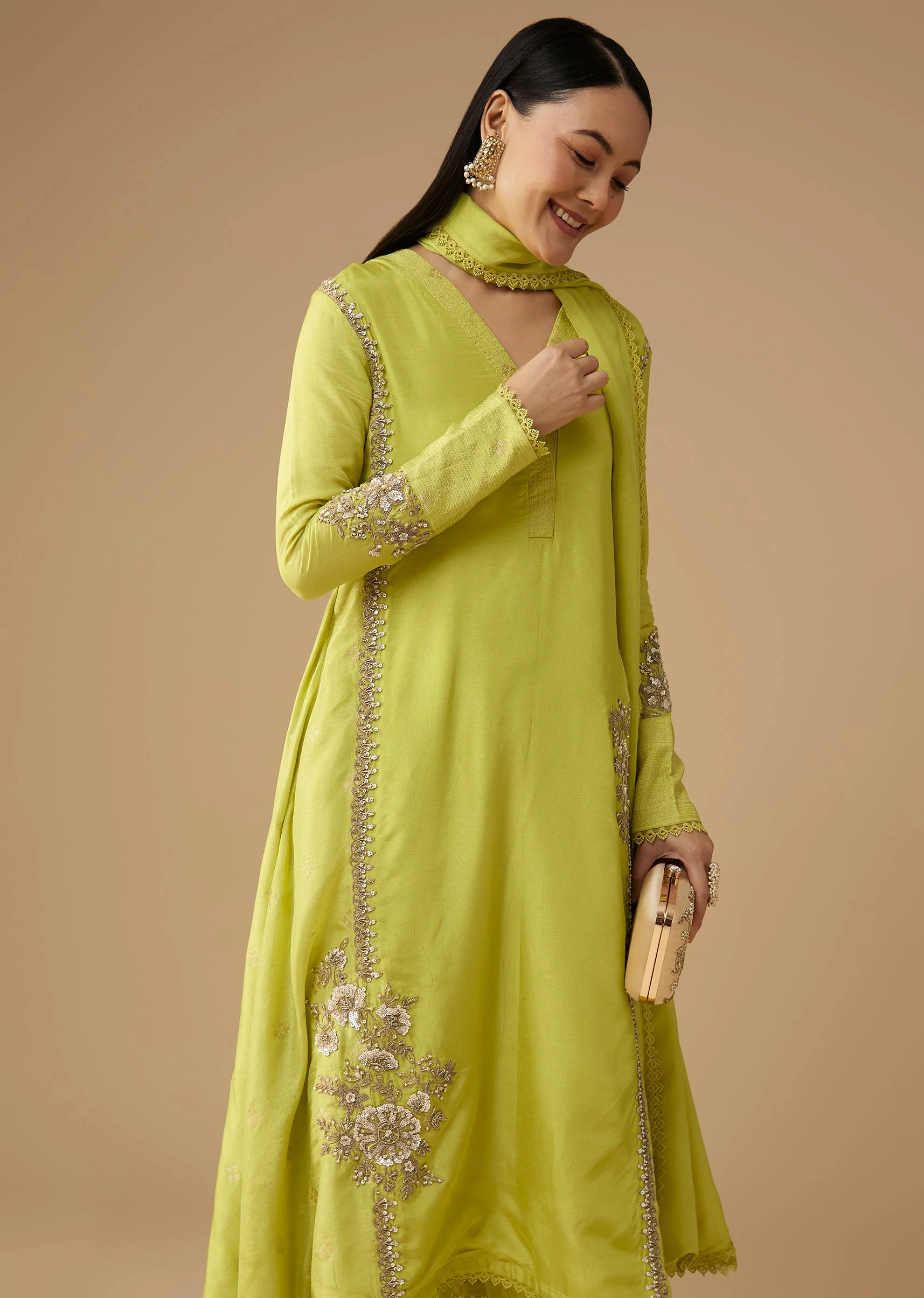 Lime Green Sequin Embellished Silk Anarkali Set - Image 2
