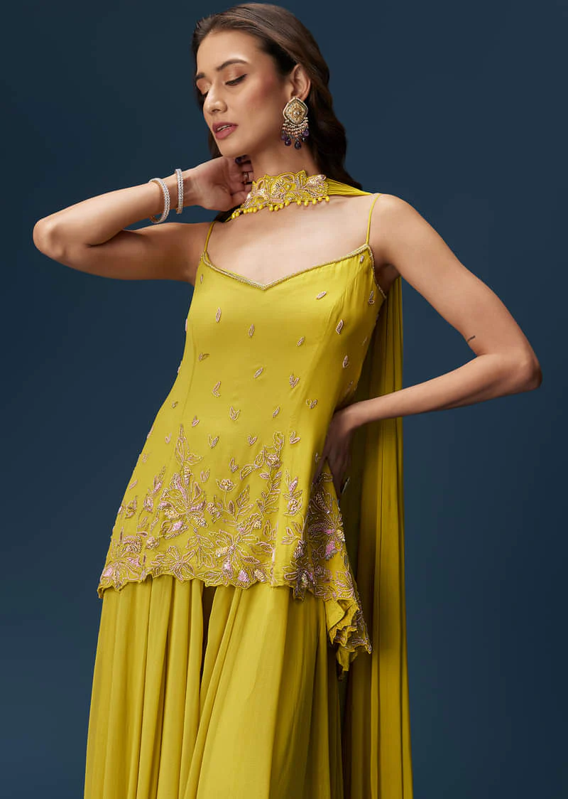 Lime Green Sharara Set With Tassel Dupatta - Image 3