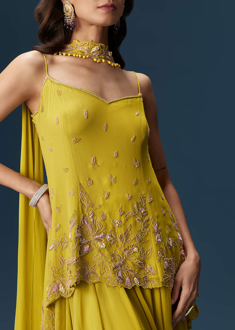 Lime Green Sharara Set With Tassel Dupatta - Image 4