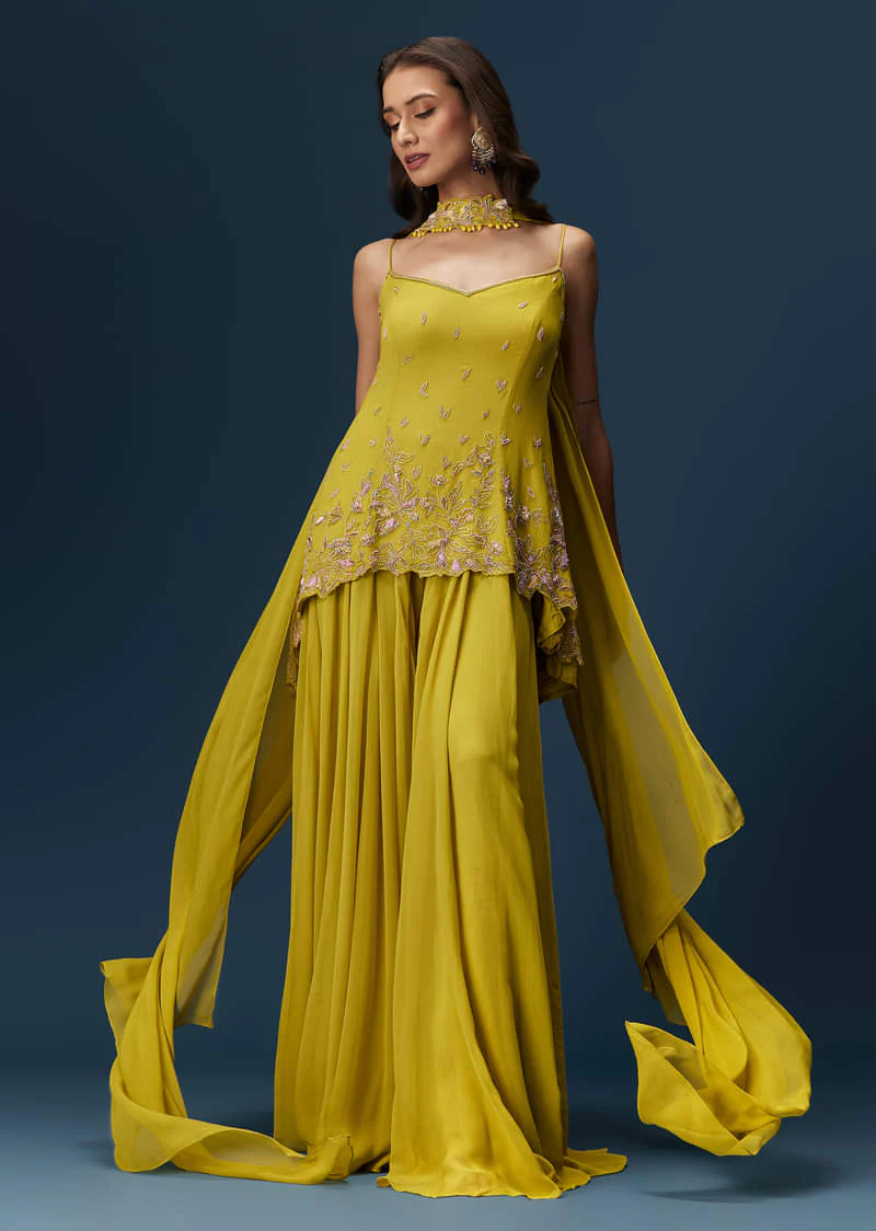 Lime Green Sharara Set With Tassel Dupatta - Image 5