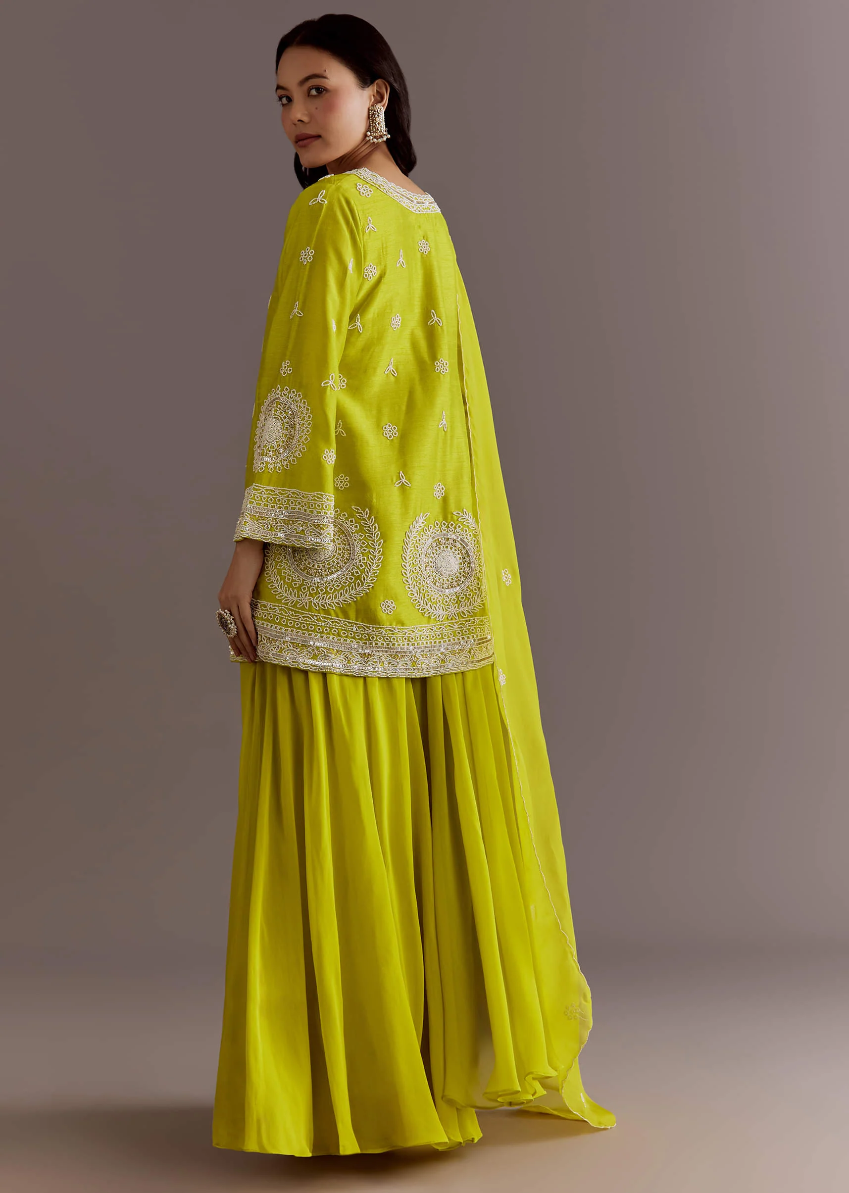 Lime Green Short Kurta Palazzo Suit With Moti Embellished Dupatta - Image 5