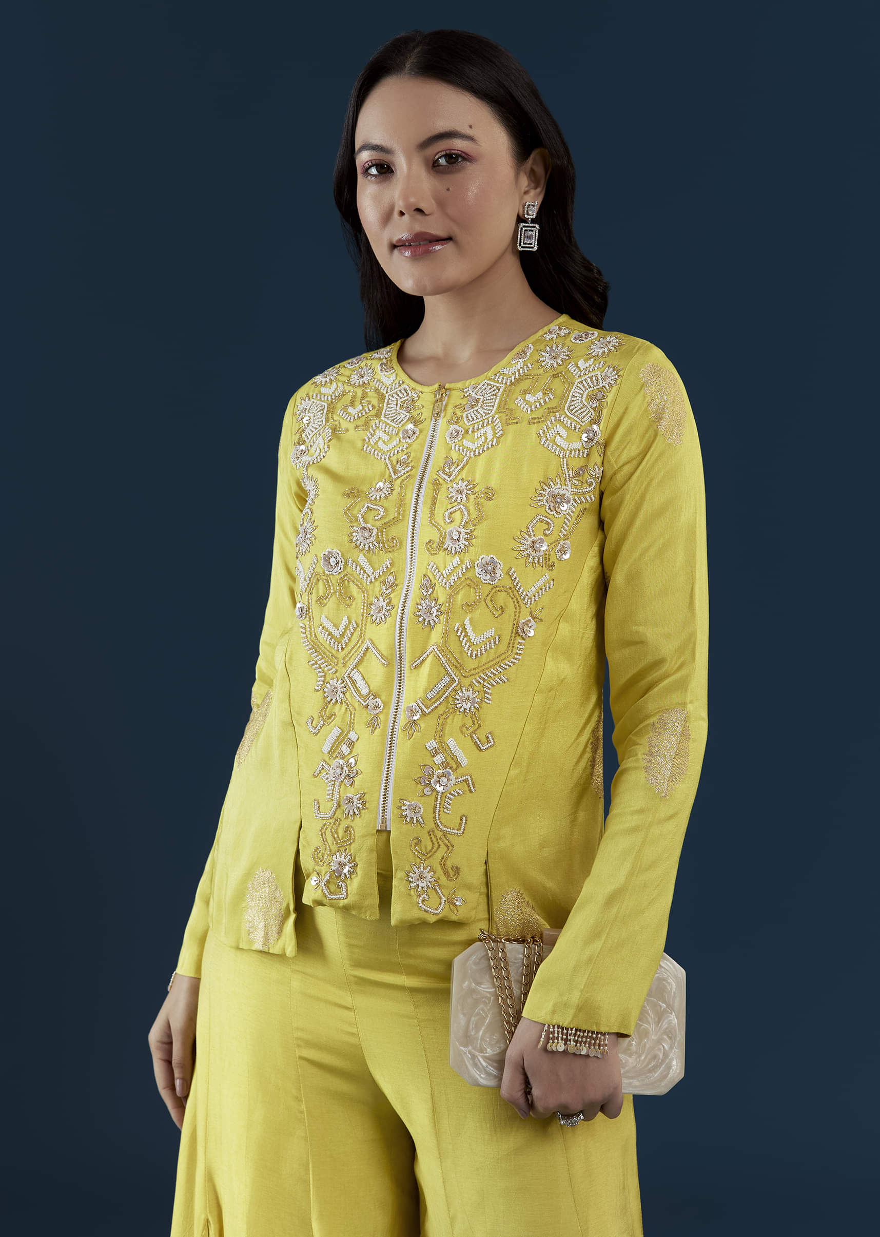 Lime Green Silk Crop Top and Pant Set with Moti Work - Image 4