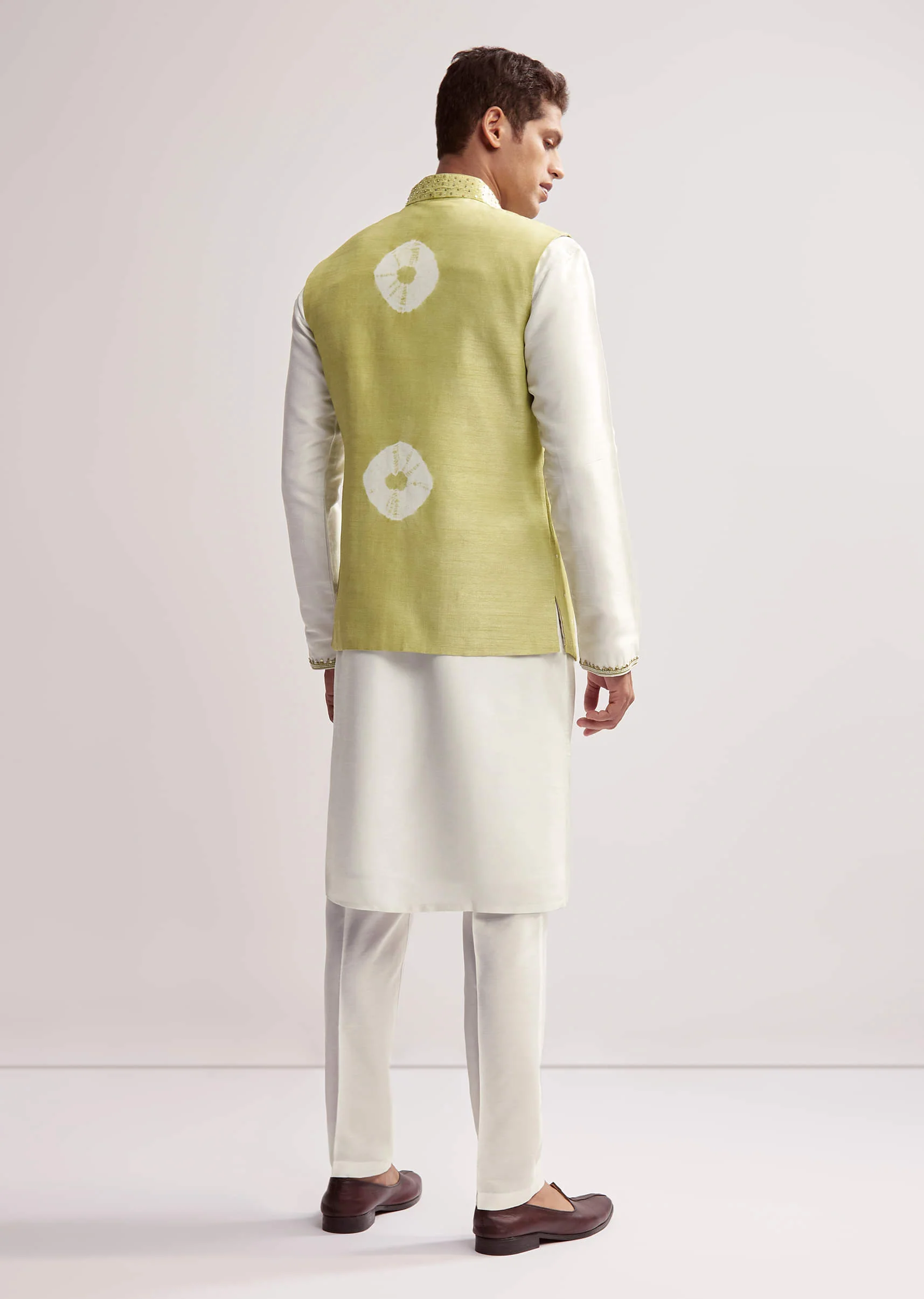 Lime Green Silk Kurta Jacket Set For Men With Hand Embroidery - Image 5
