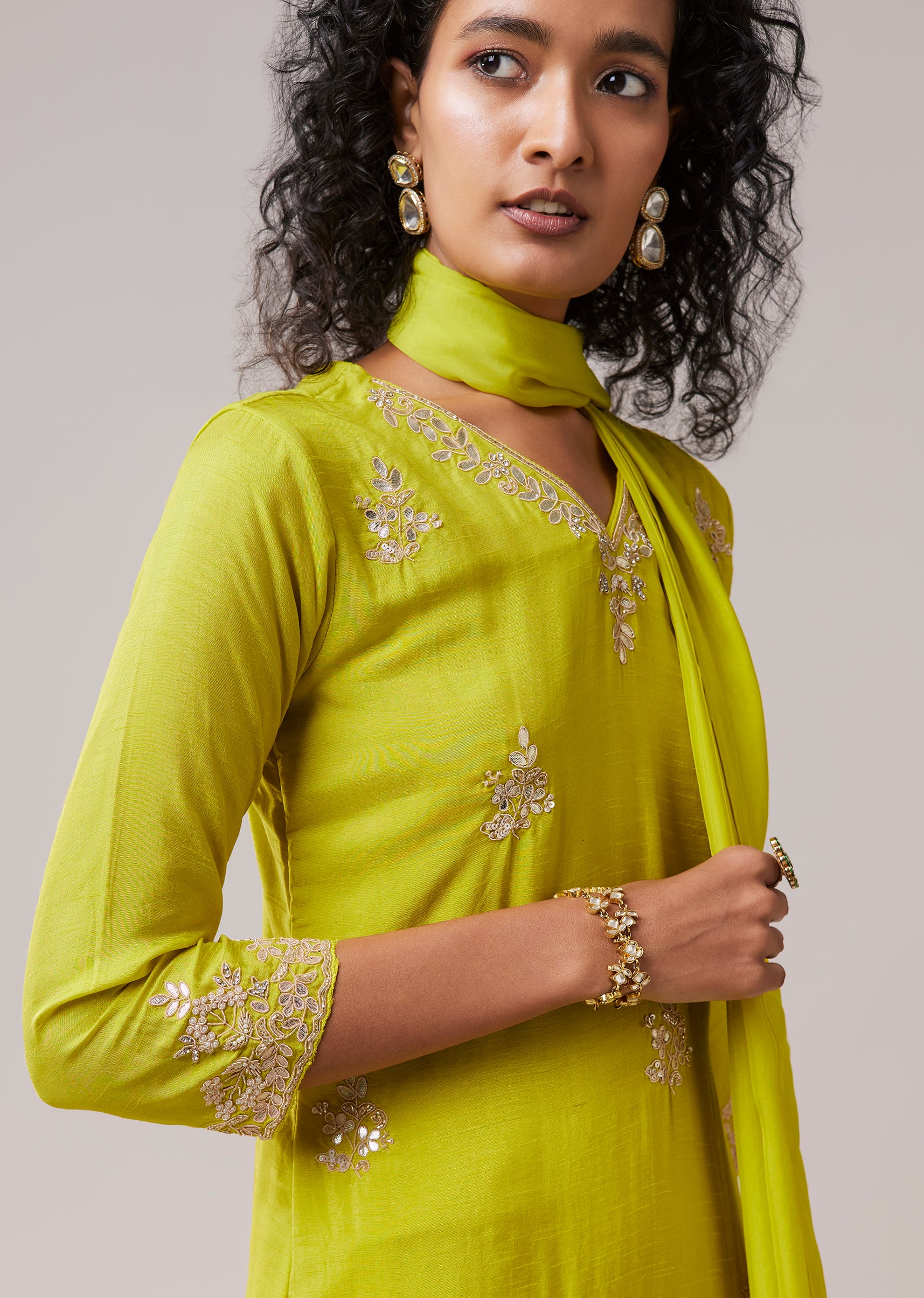 Lime Green Silk Kurta Pant Set with Gota Work - Image 3