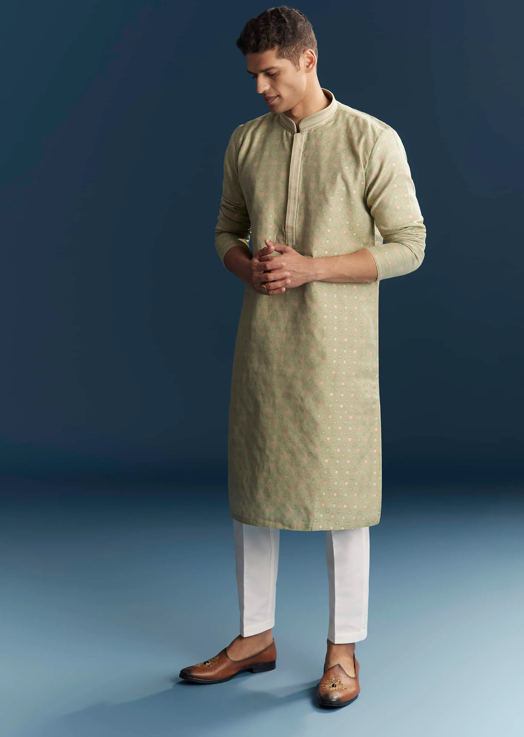 Lime Green Silk Kurta Set For Men - Image 3