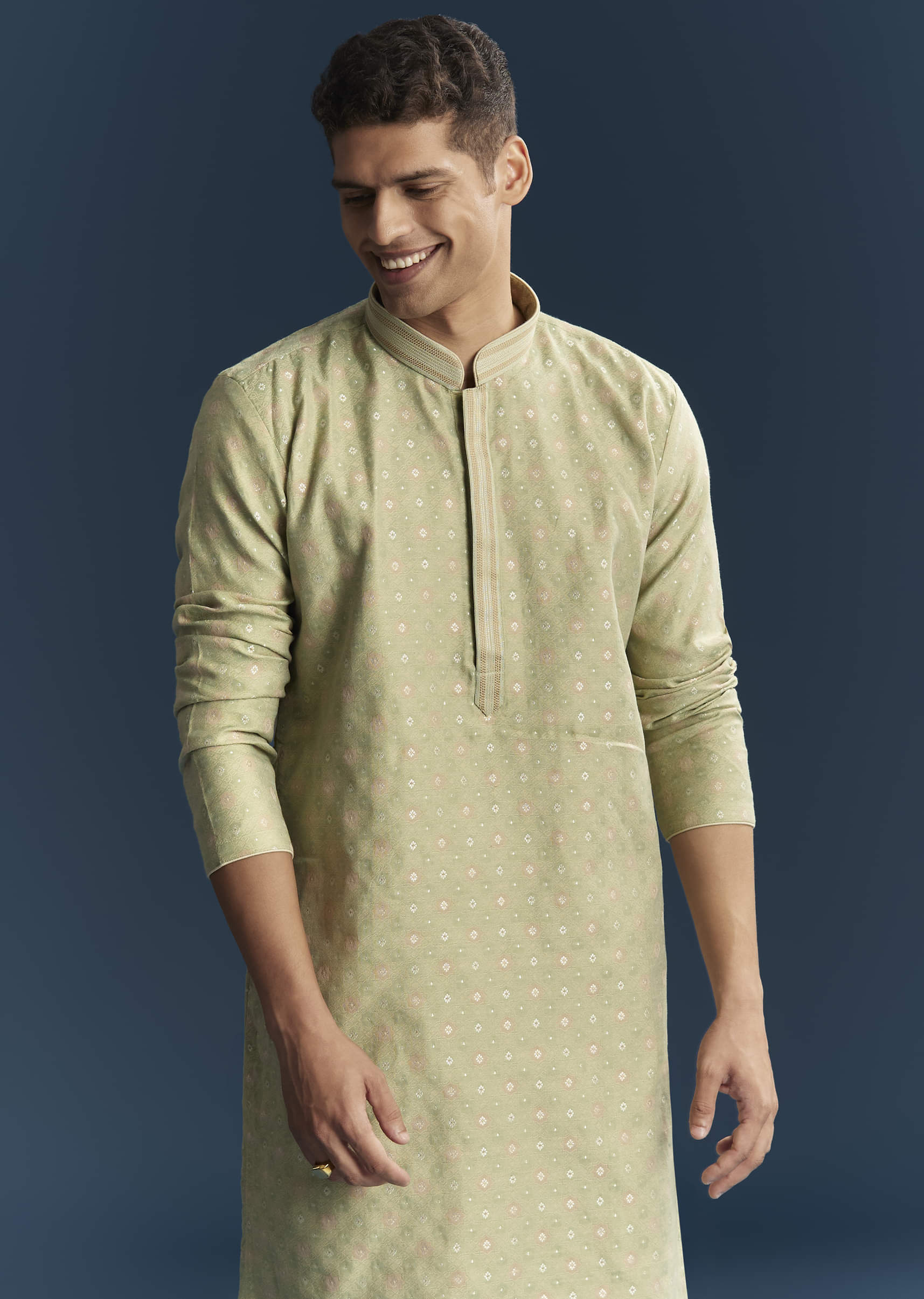 Lime Green Silk Kurta Set For Men - Image 4