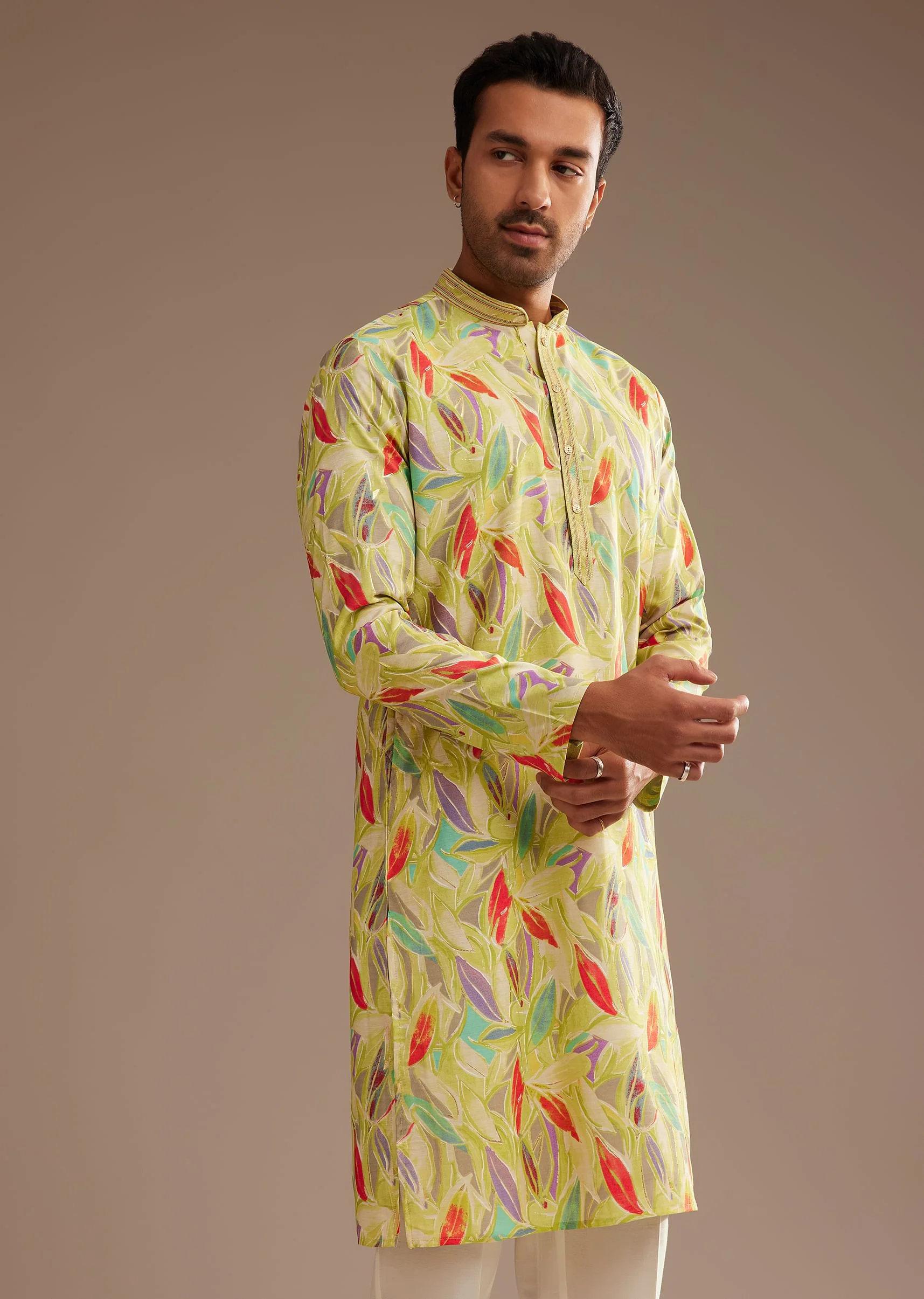 Lime Green Silk Leaf Printed Kurta Set - Image 3