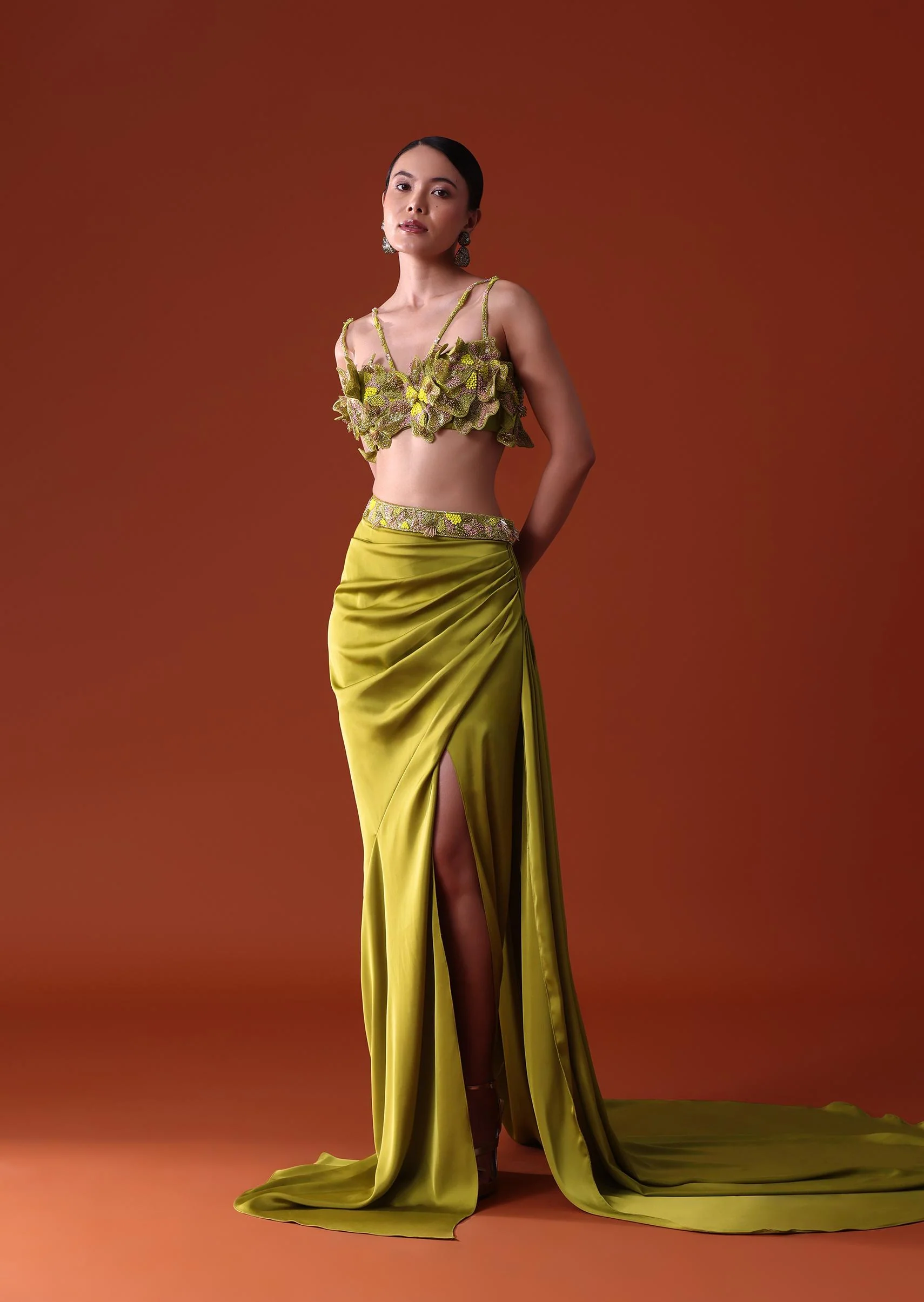 Lime Green Zardosi Draped Slit Skirt With 3D Multi Strap Blouse - Image 3