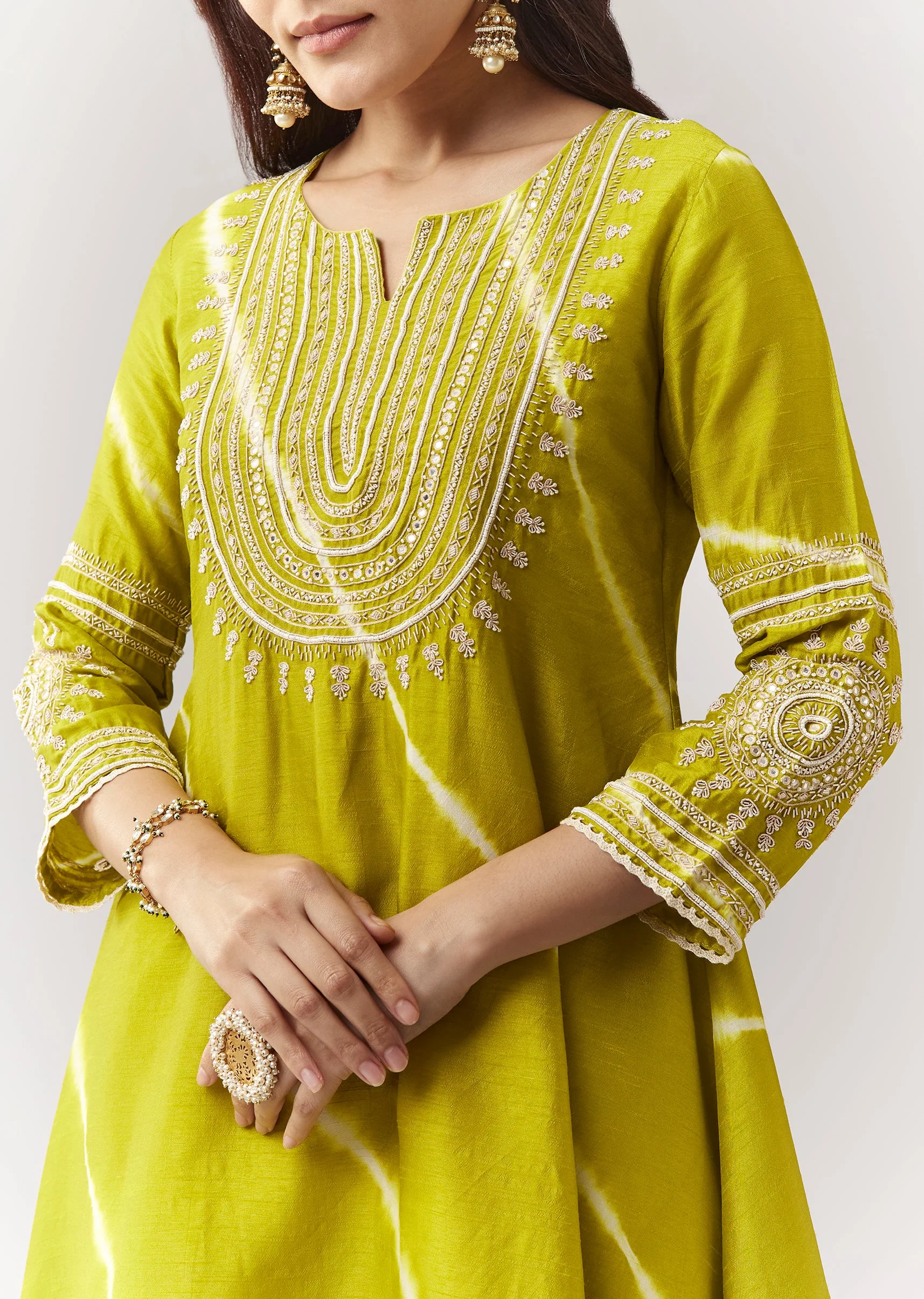 Lime Green Zardosi Kurta Straight Pant Coord With Leheriya Border - Image 2