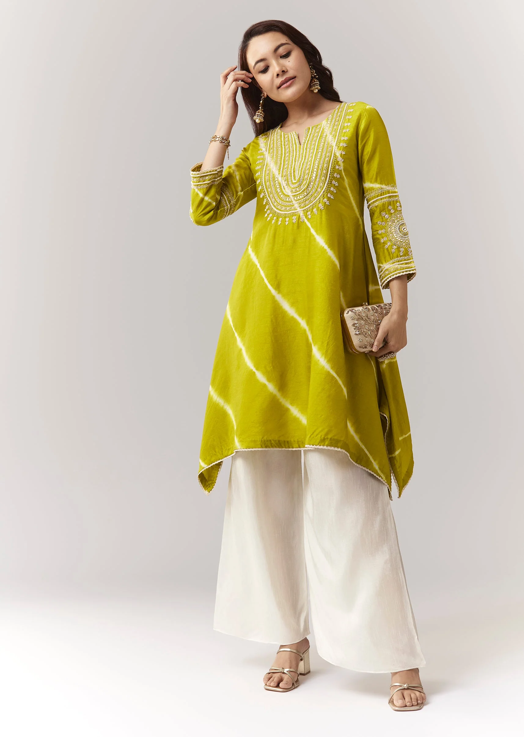 Lime Green Zardosi Kurta Straight Pant Coord With Leheriya Border - Image 3