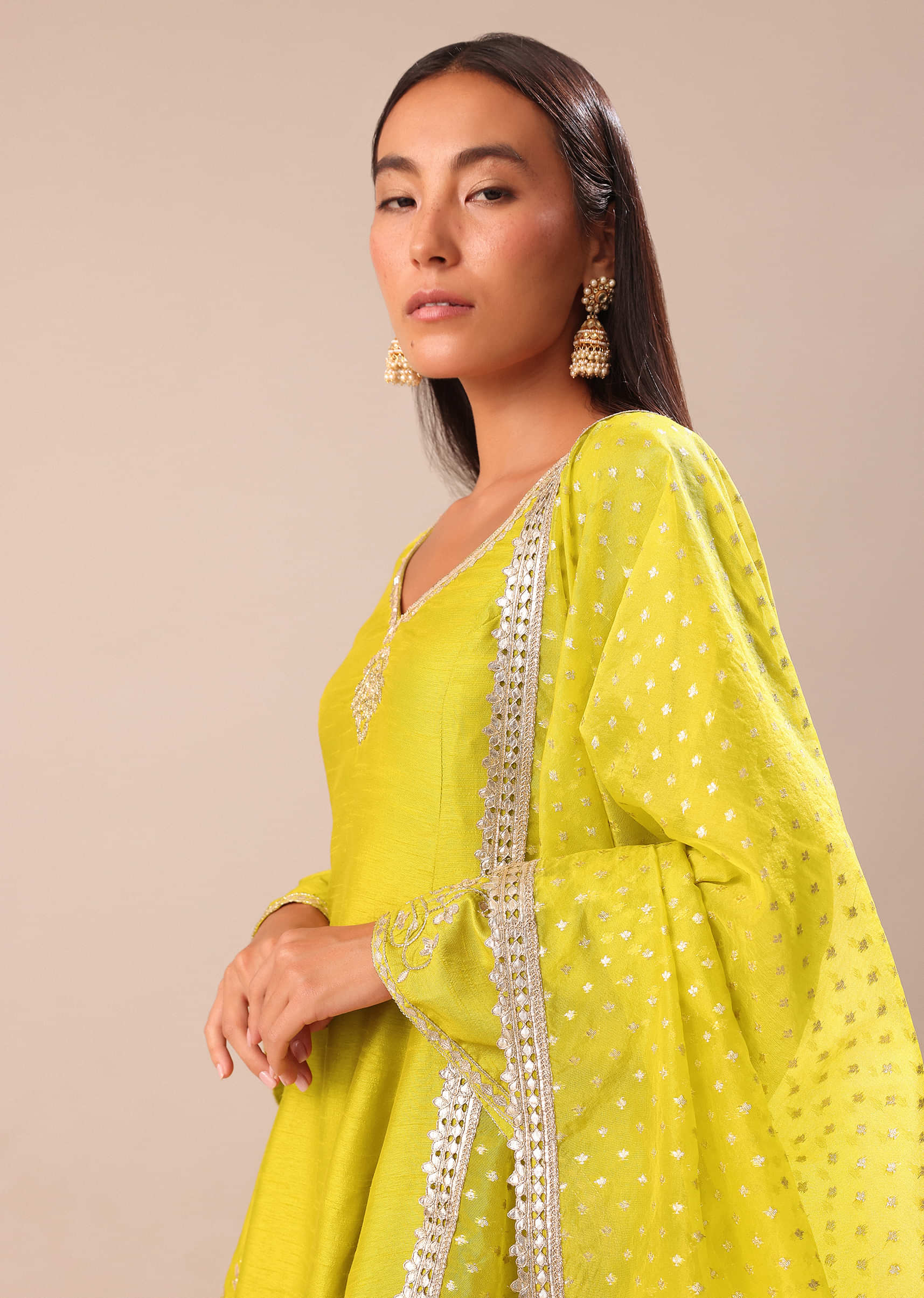 Lime Yellow Embroidered Kurta With Salwar And Dupatta - Image 2