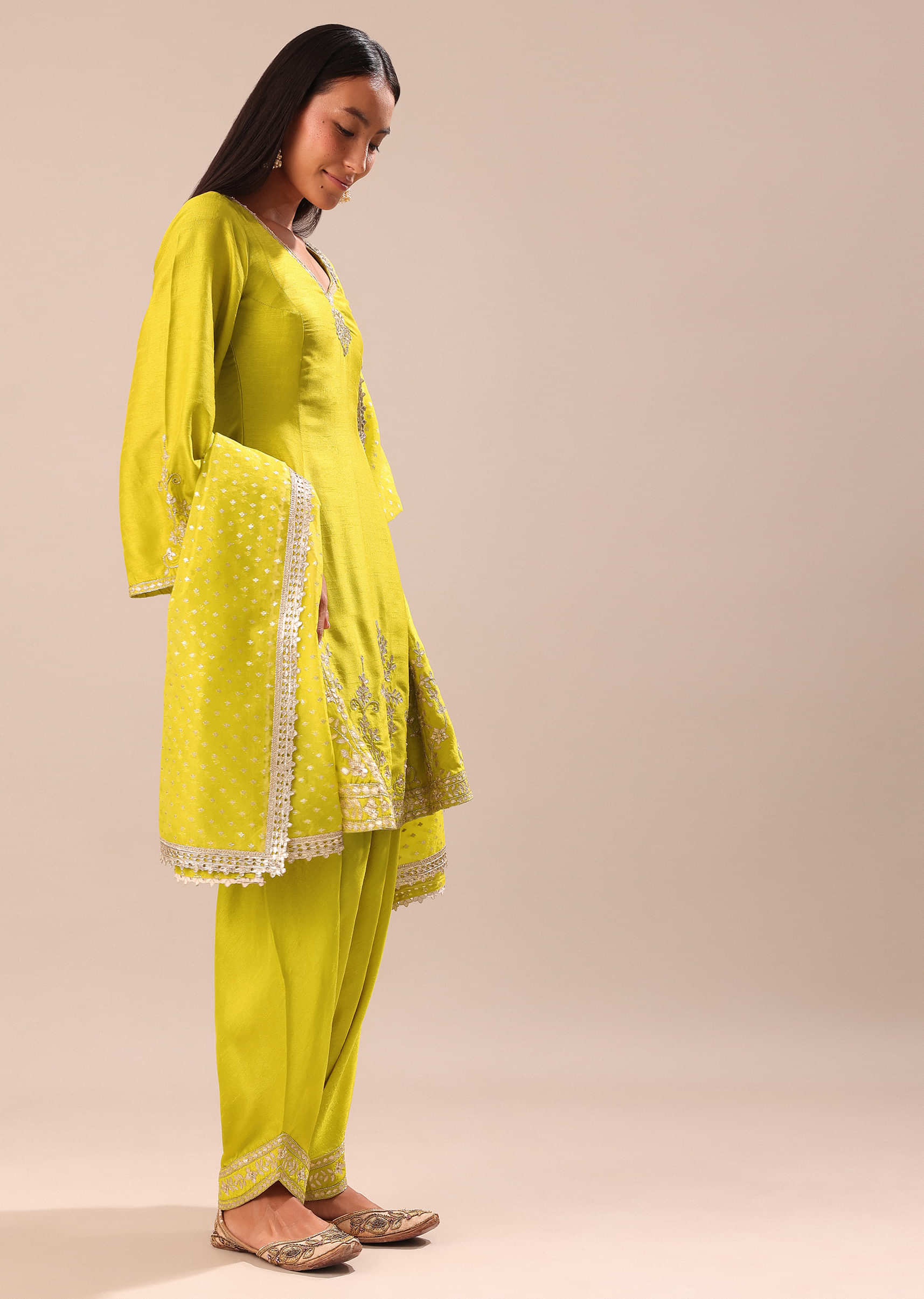 Lime Yellow Embroidered Kurta With Salwar And Dupatta - Image 3