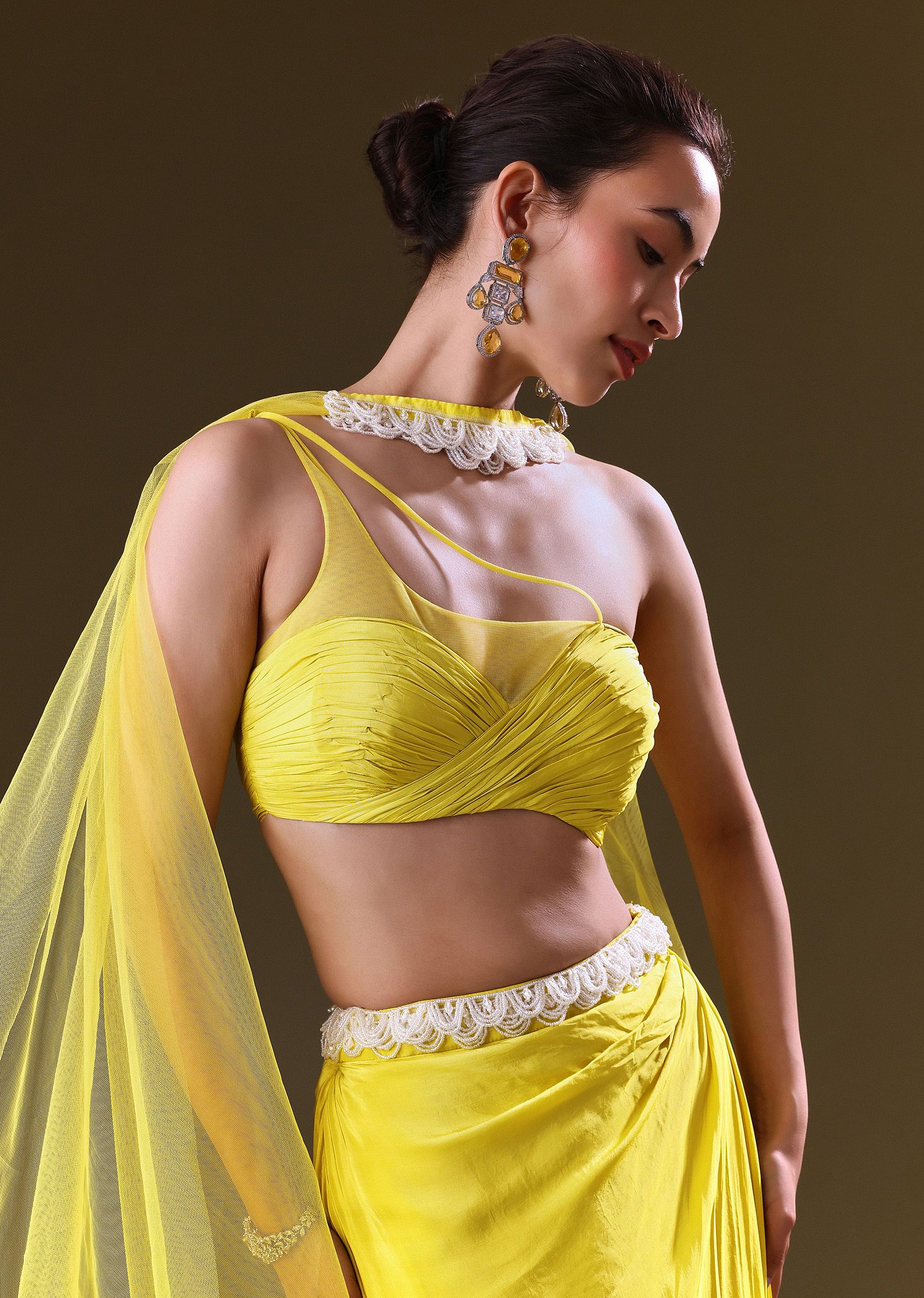 Lime Yellow Fishcut Skirt With One Shoulder Blouse And Tasseled Belt - Image 2