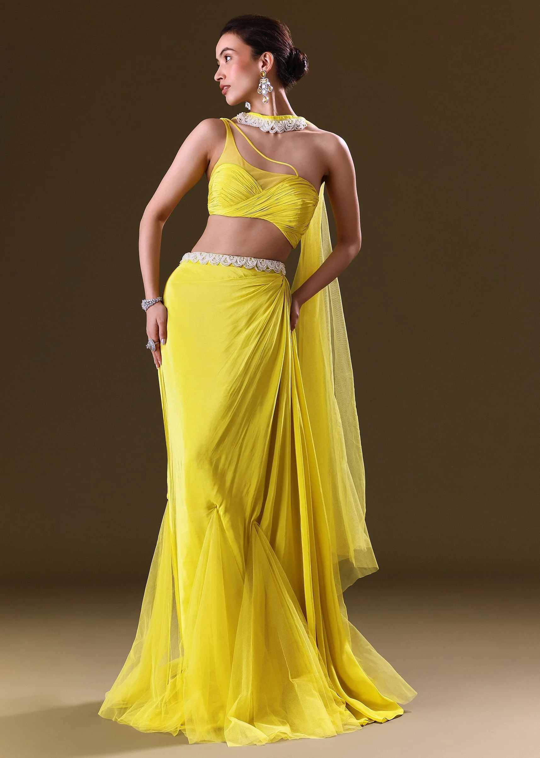 Lime Yellow Fishcut Skirt With One Shoulder Blouse And Tasseled Belt - Image 3
