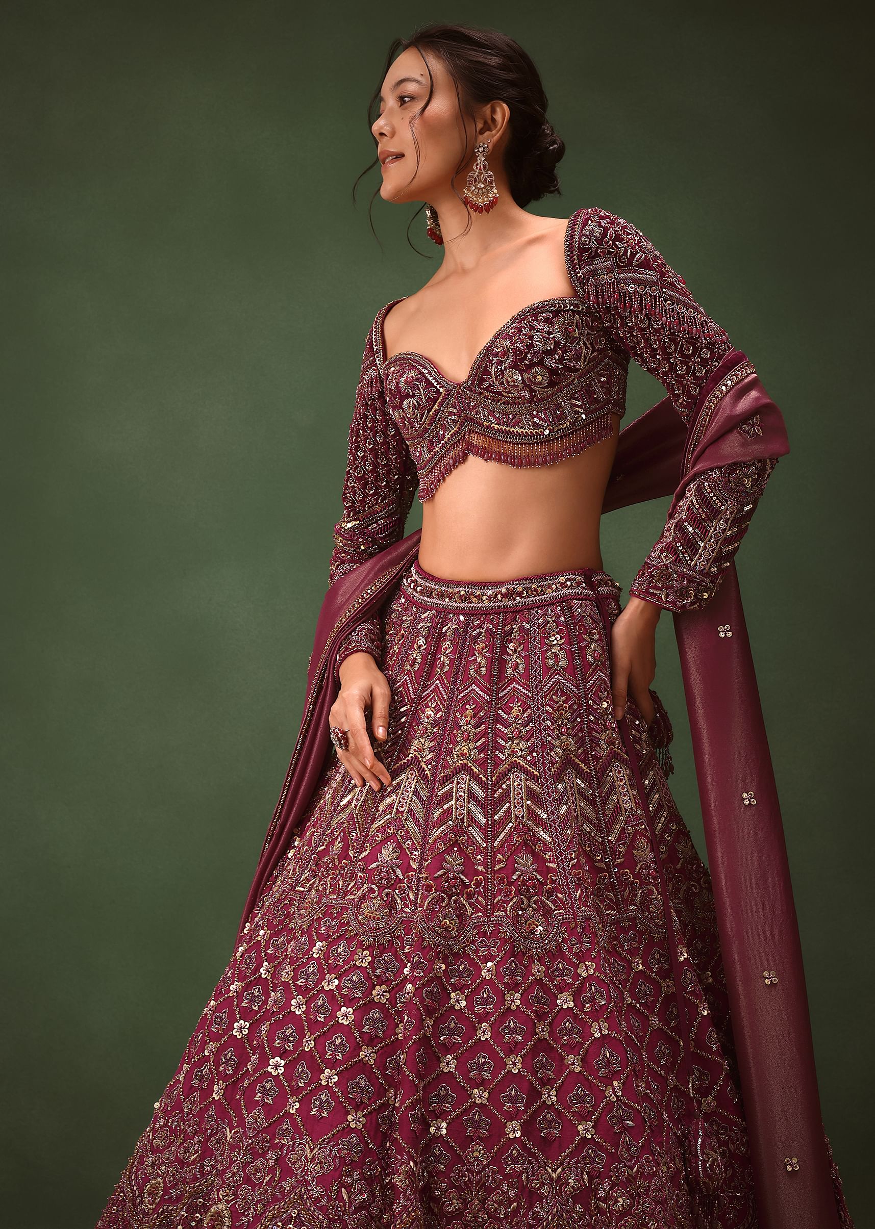 Magenta Embroidered Bridal Lehenga With Full Sleeves Blouse And Dupatta - Image 2