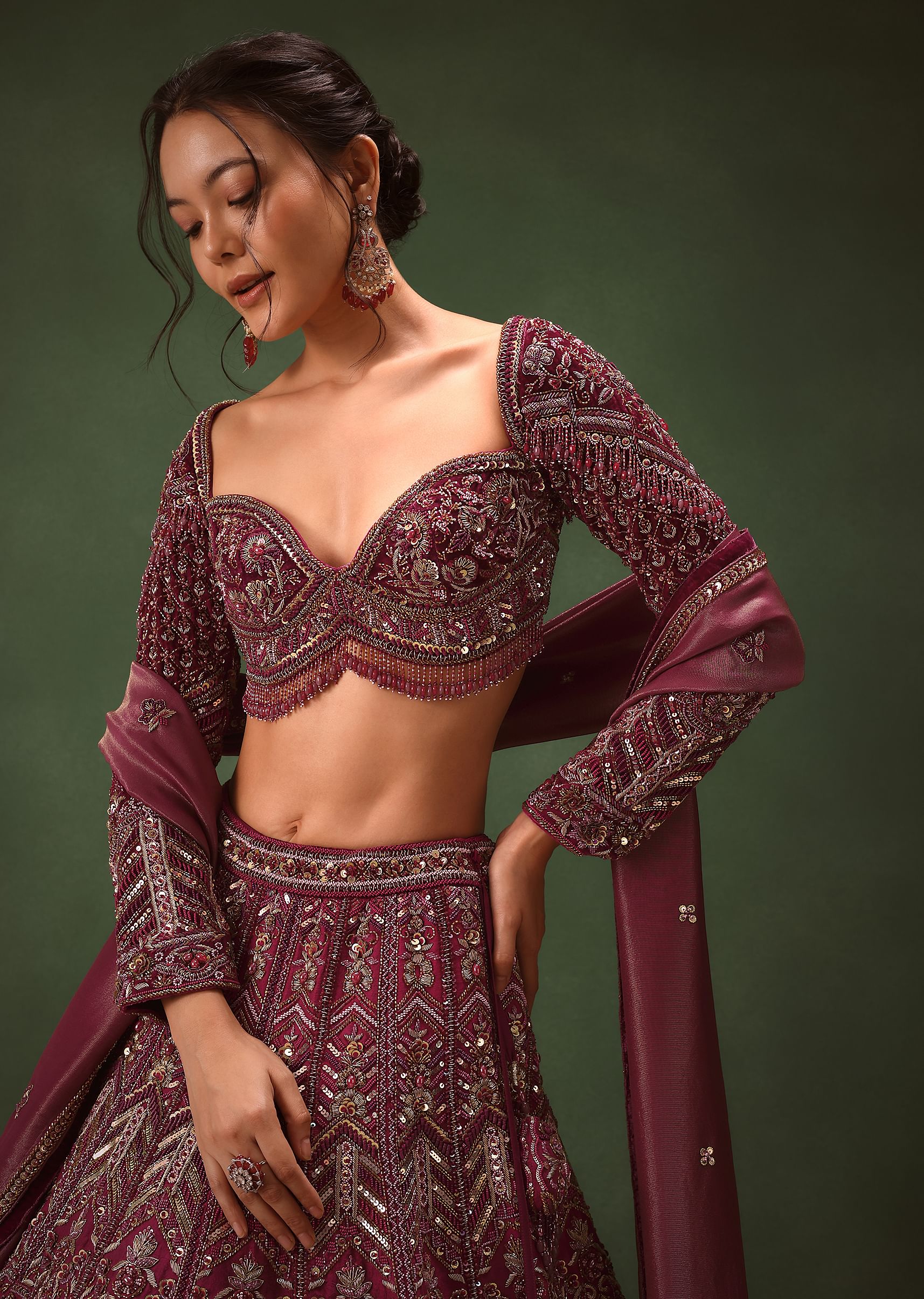 Magenta Embroidered Bridal Lehenga With Full Sleeves Blouse And Dupatta - Image 5