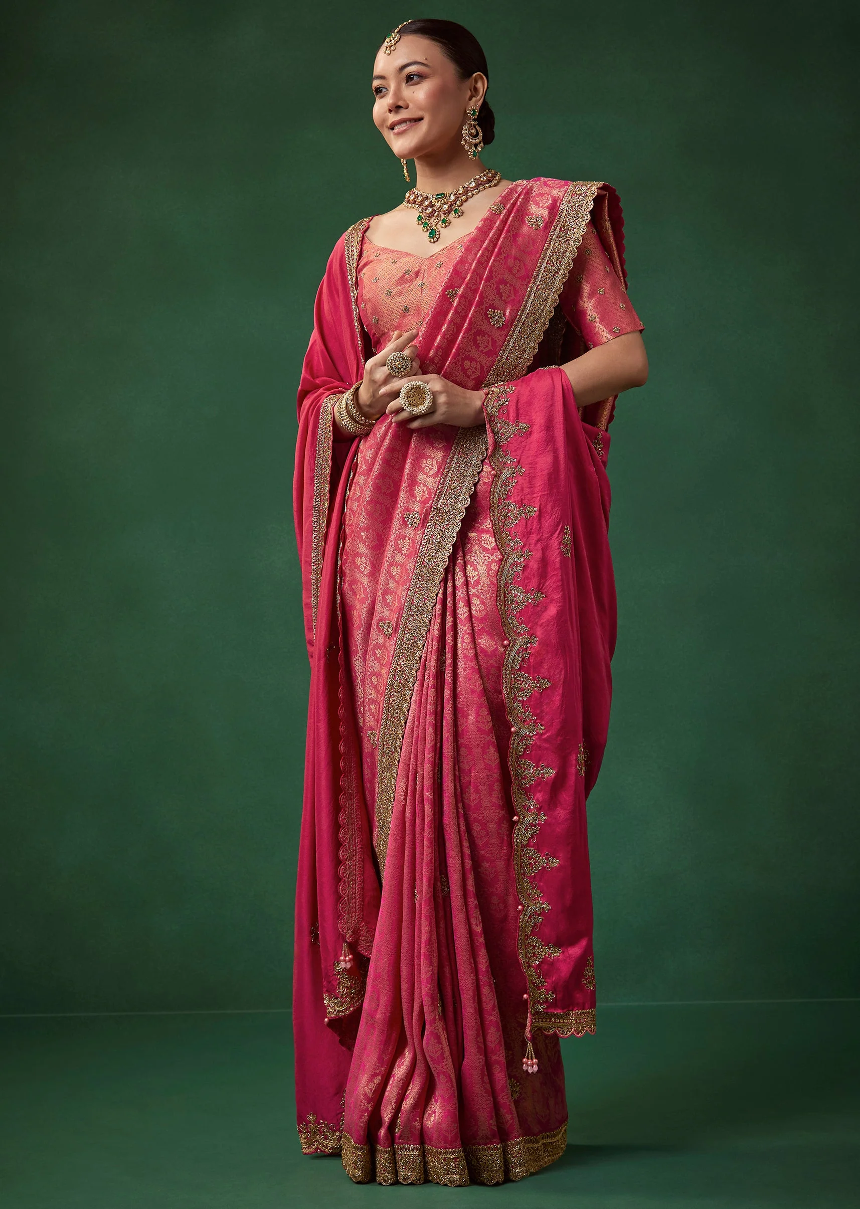 Magenta Embroidered Jacquard Border Saree with Unstitched Blouse - Image 3