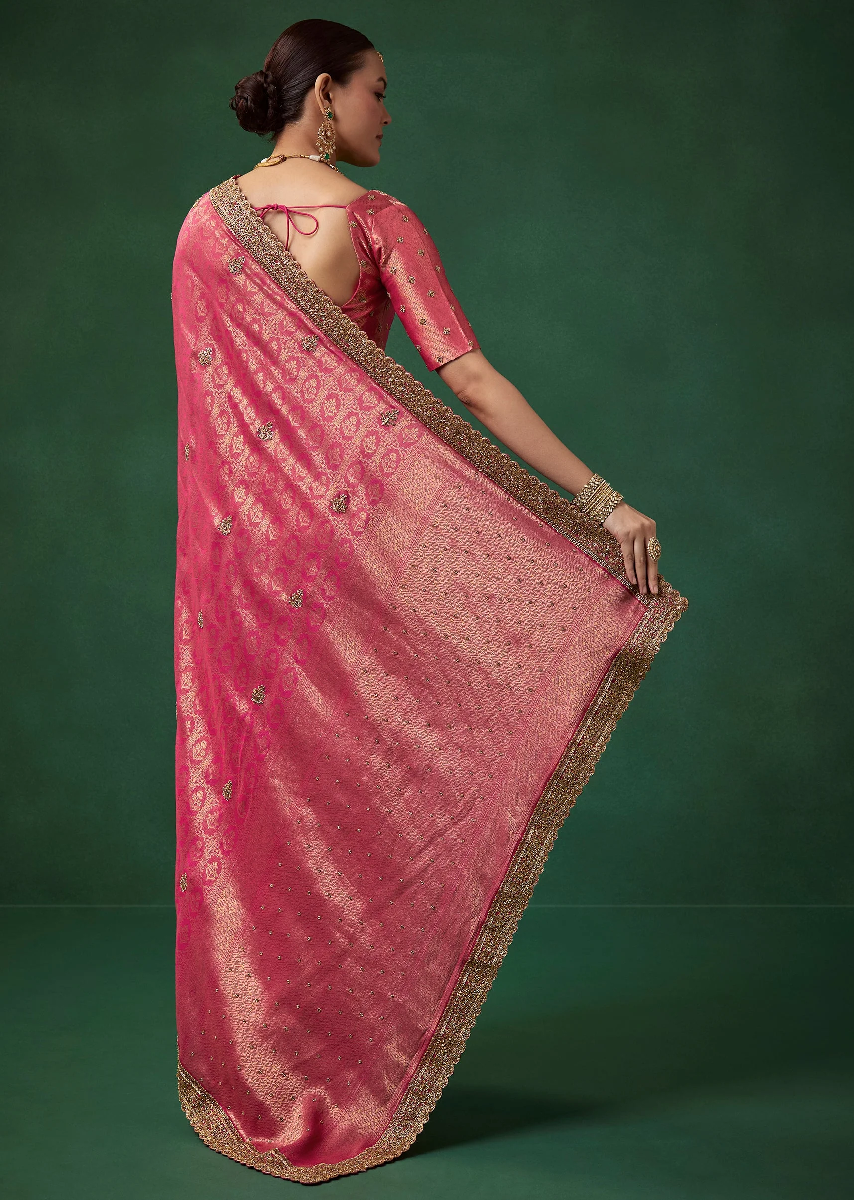 Magenta Embroidered Jacquard Border Saree with Unstitched Blouse - Image 4