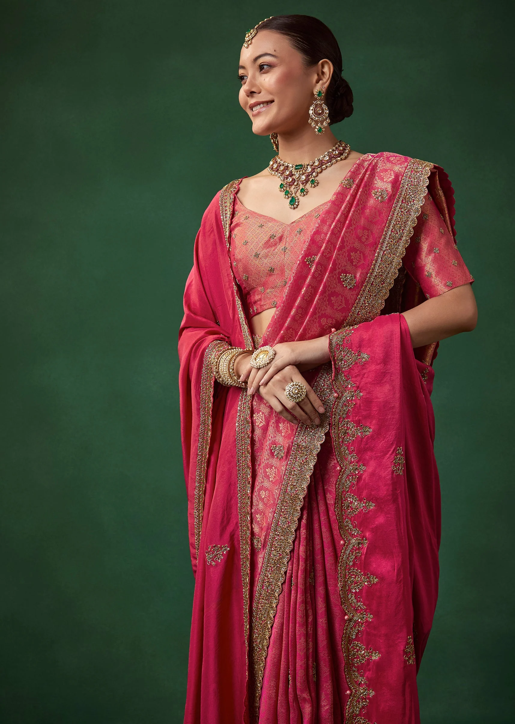 Magenta Embroidered Jacquard Border Saree with Unstitched Blouse - Image 5