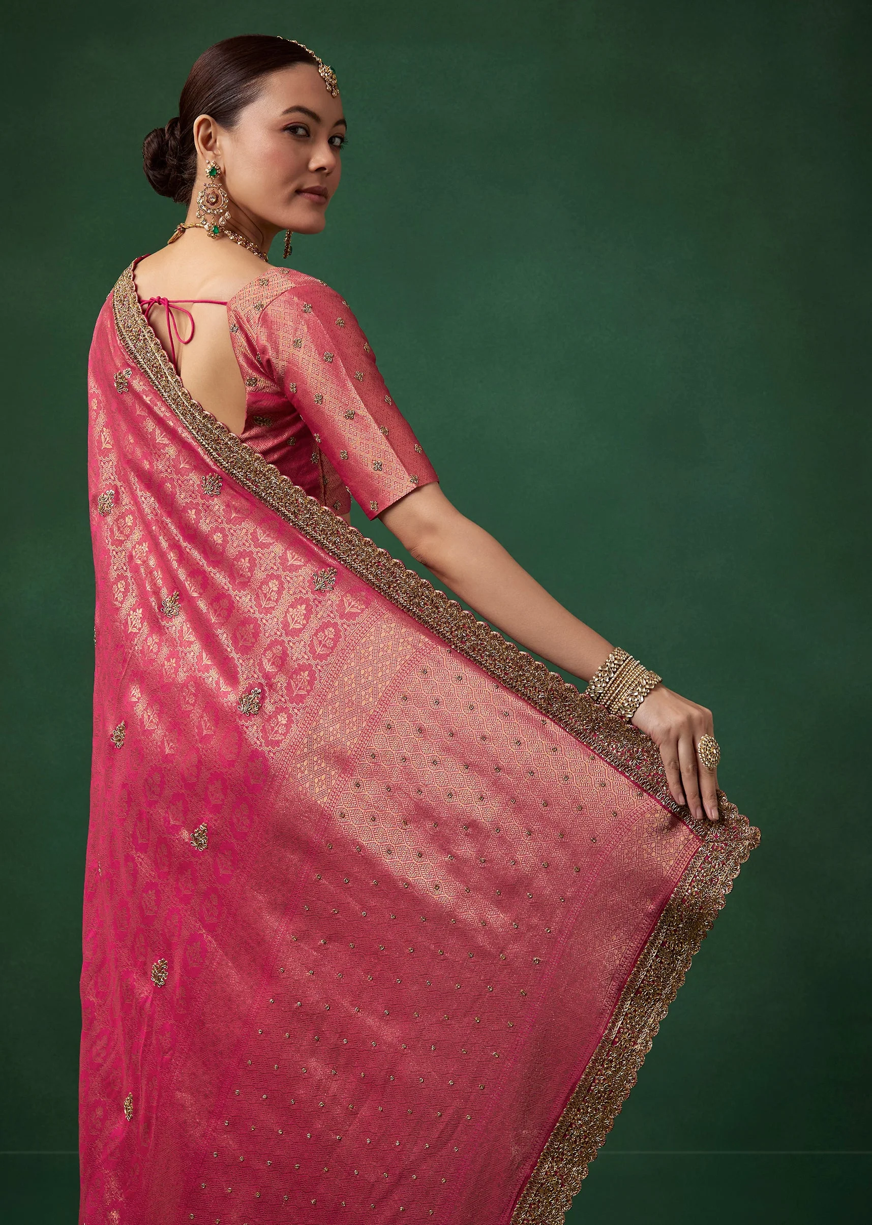 Magenta Embroidered Jacquard Border Saree with Unstitched Blouse - Image 6