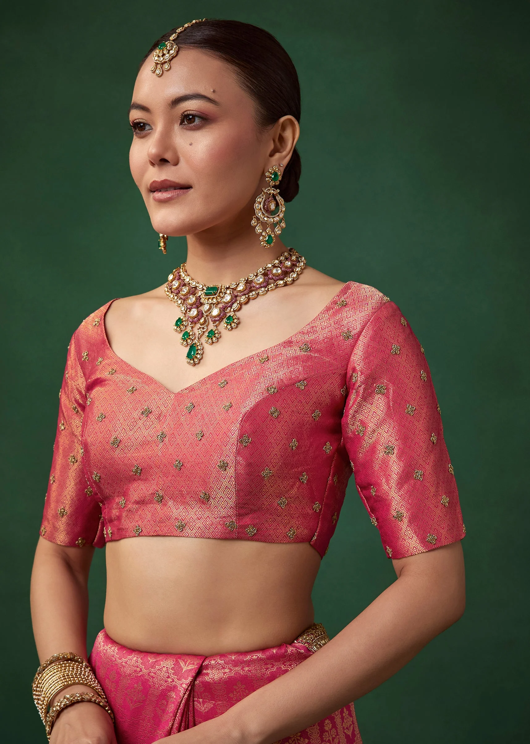 Magenta Embroidered Jacquard Border Saree with Unstitched Blouse - Image 7